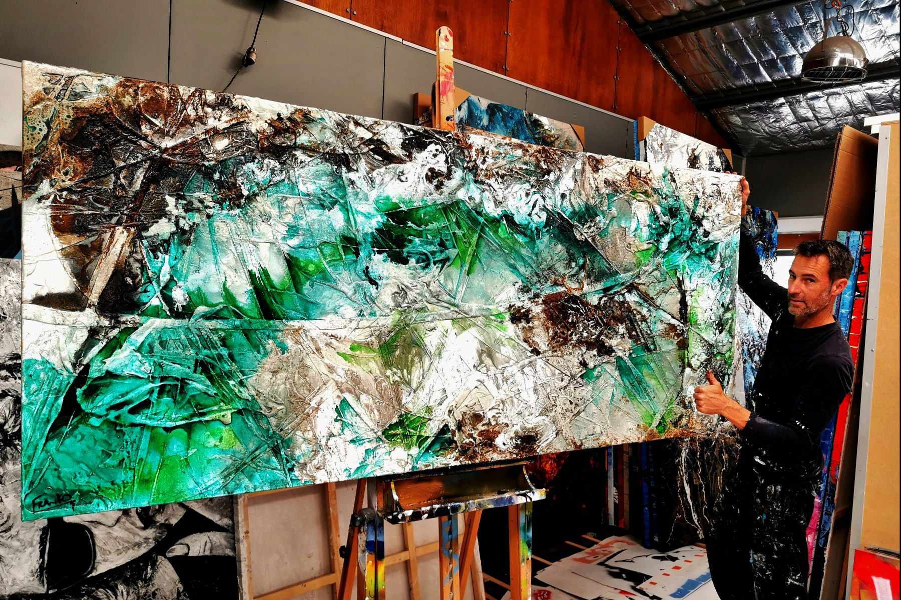 Palm Springs Bling 240cm x 100cm Cream Green Textured Abstract Painting (SOLD)-Abstract-[Franko_Artist]-[The_Block]-[Dream_Homes]-[ideas]- [Grand_Designs]-Franklin Art Studio
