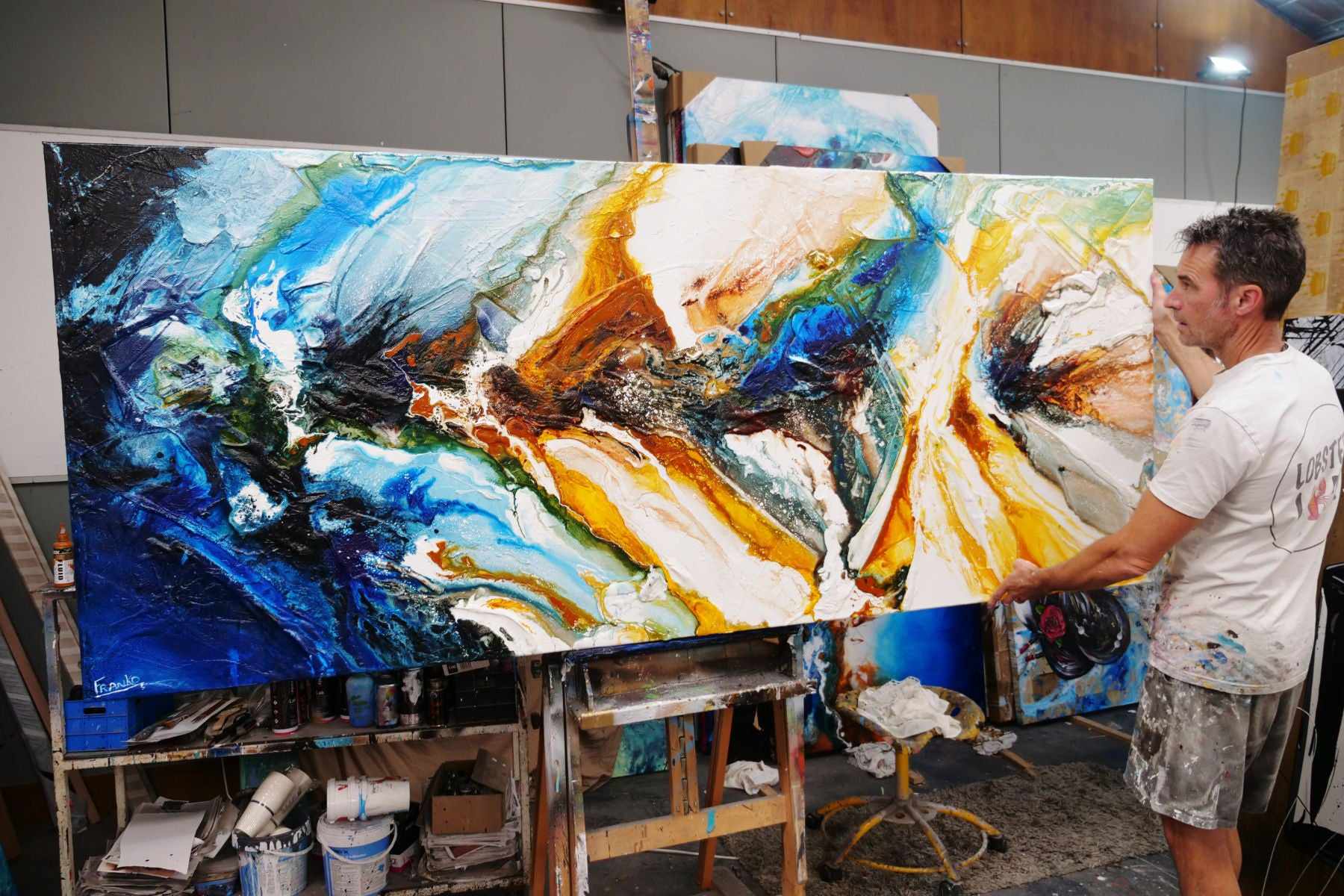 Paradise 240cm x 100cm Blue Sienna White Textured Abstract Painting (SOLD)-Abstract-[Franko_Artist]-[The_Block]-[Dream_Homes]-[ideas]-[Grand_Designs]-[Art_Lover]-Franklin Art Studio
