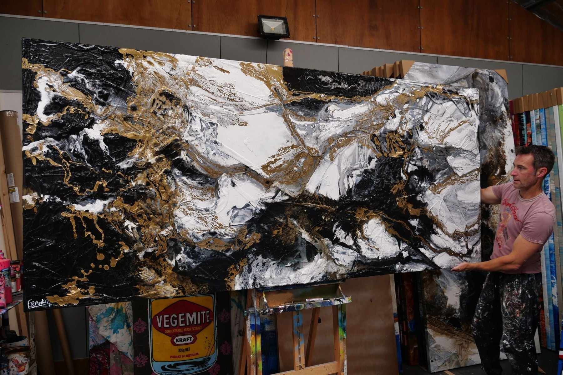 Pay Me In Gold 270cm x 120cm Gold White Black Textured Abstract Painting (SOLD)-Abstract-[Franko_Artist]-[The_Block]-[Dream_Homes]-[ideas]- [Grand_Designs]-Franklin Art Studio