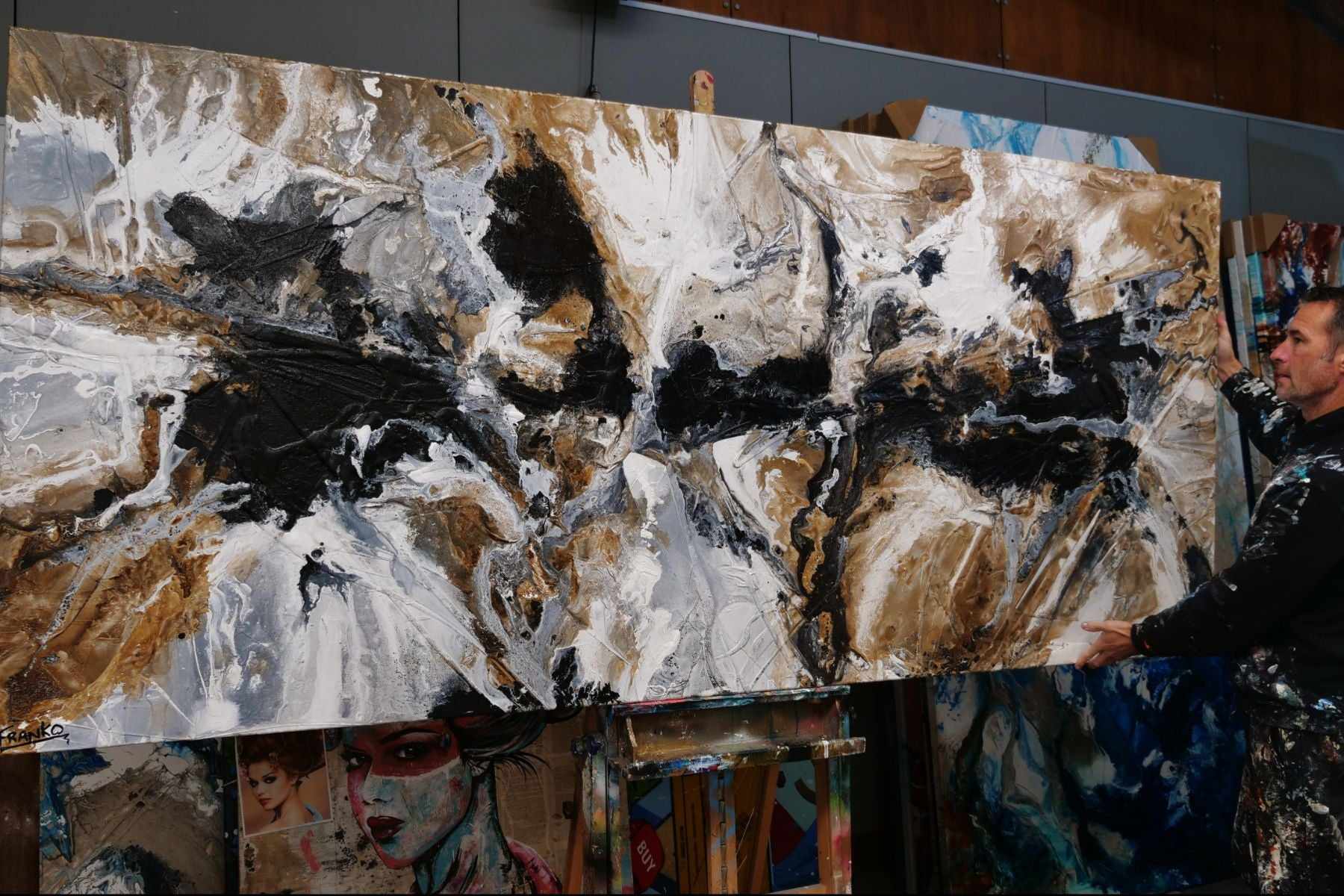 Peppered Raw 270cm x 120cm Rust White Black Textured Abstract Painting (SOLD)-[Franko_Artist]-[The_Block]-[Dream_Homes]-[ideas]- [Grand_Designs]-Franklin Art Studio