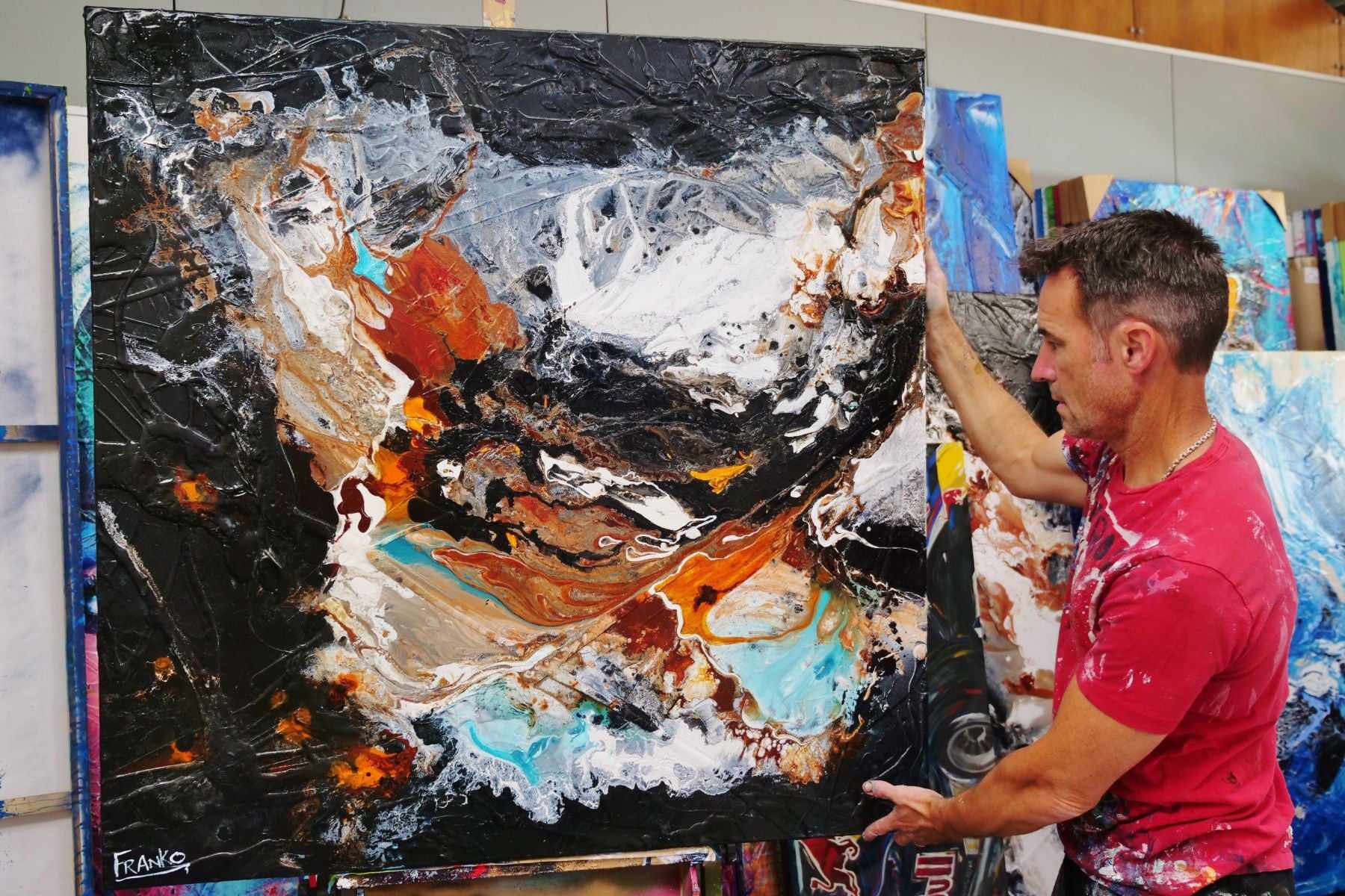 Peppered Rust 120cm x 120cm Teal Black Textured Abstract Painting (SOLD)-Abstract-[Franko_Artist]-[The_Block]-[Dream_Homes]-[ideas]- [Grand_Designs]-Franklin Art Studio