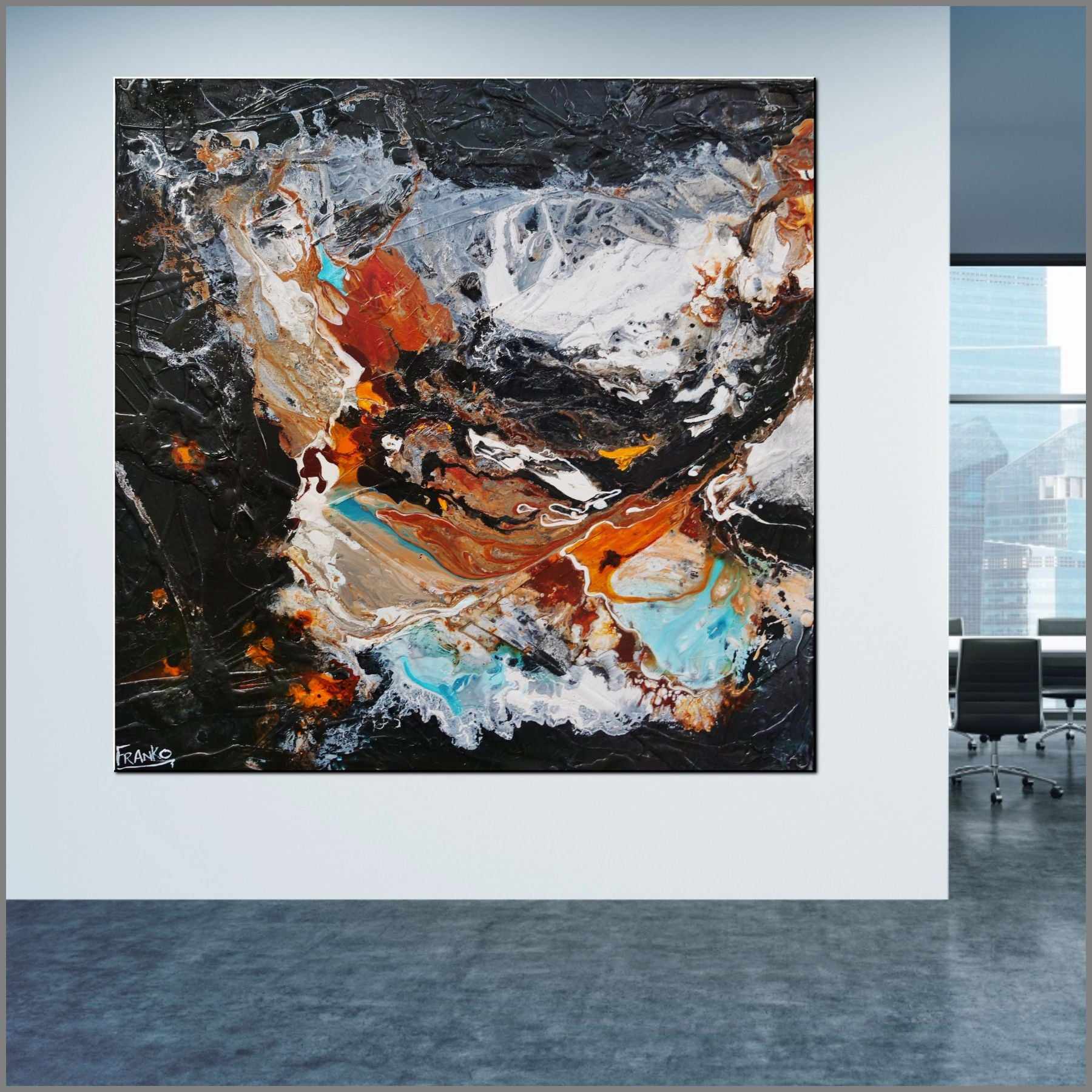Peppered Rust 120cm x 120cm Teal Black Textured Abstract Painting (SOLD)-Abstract-[Franko_Artist]-[Australian_artist]-[Gold_Coast]-[Brisbane]-[modern]-[contemporary]-[original]-[Large_artwork]-[The_Block]-[Dream_Homes]-[ideas]-[Grand_Designs]-[Art_Lover]-Franklin Art Studio