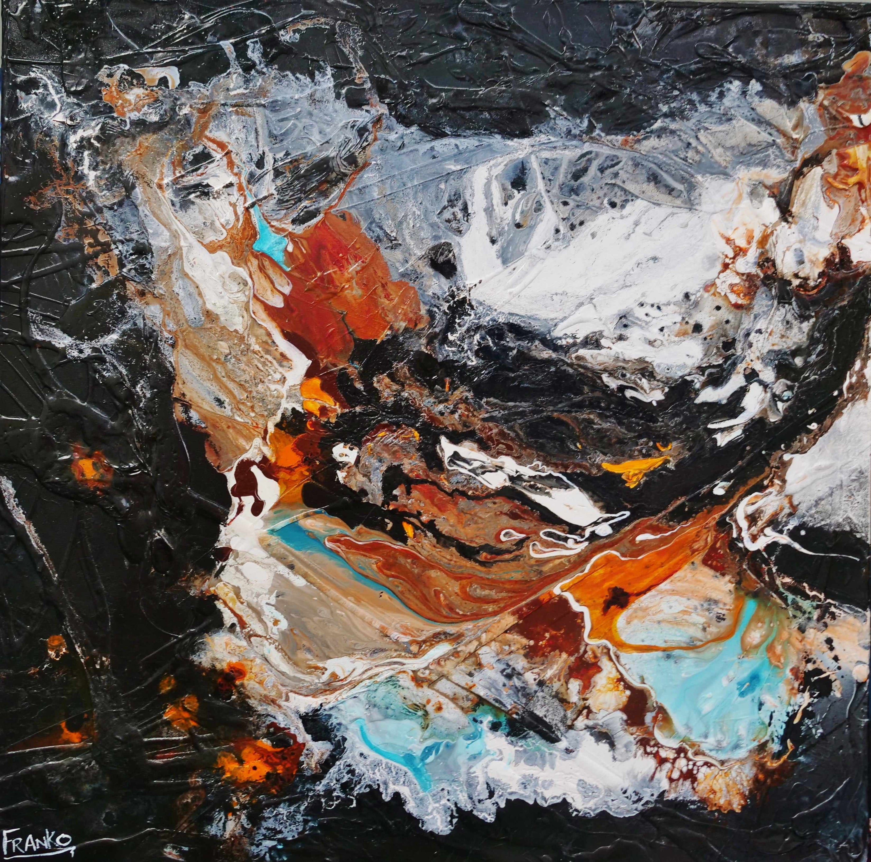 Peppered Rust 120cm x 120cm Teal Black Textured Abstract Painting (SOLD)-Abstract-[Franko_Artist]-[Australian_artist]-[Gold_Coast]-[Brisbane]-[modern]-[contemporary]-[original]-[Large_artwork]-Franklin Art Studio
