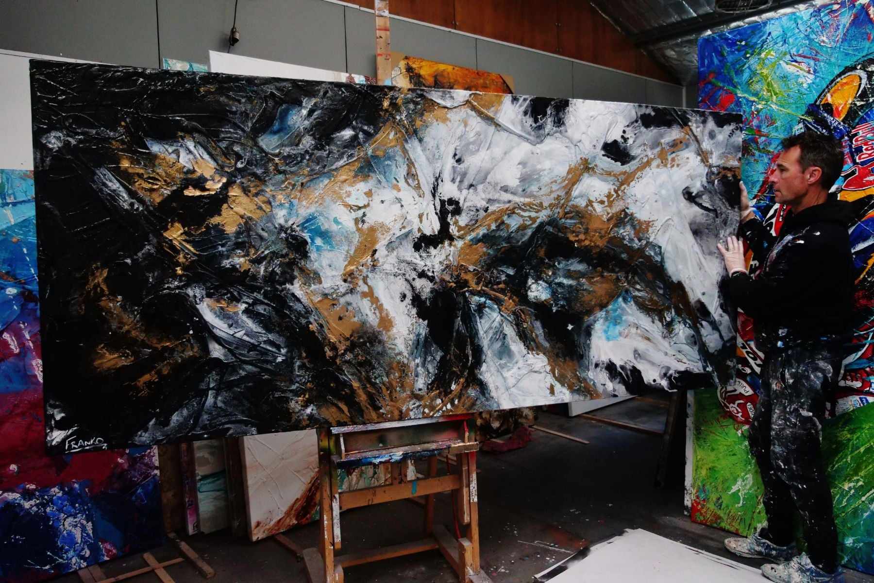 Peppered Satin 270cm x 120cm Black Gold Grey Blue Textured Abstract Painting (SOLD)-Abstract-[Franko_Artist]-[The_Block]-[Dream_Homes]-[ideas]- [Grand_Designs]-Franklin Art Studio