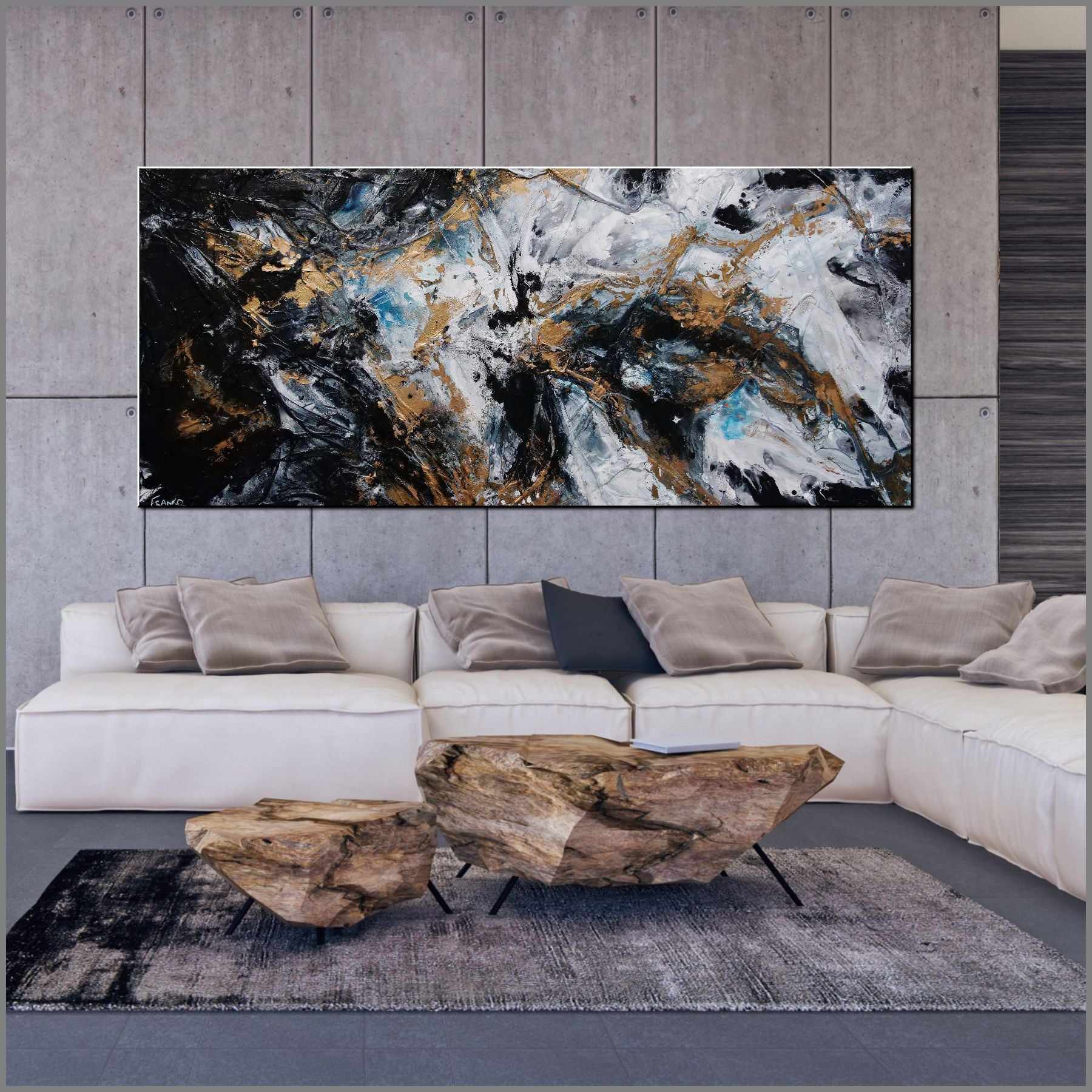 Peppered Satin 270cm x 120cm Black Gold Grey Blue Textured Abstract Painting (SOLD)-Abstract-[Franko_Artist]-[Australian_artist]-[Gold_Coast]-[Brisbane]-[modern]-[contemporary]-[original]-[Large_artwork]-[The_Block]-[Dream_Homes]-[ideas]-[Grand_Designs]-[Art_Lover]-Franklin Art Studio