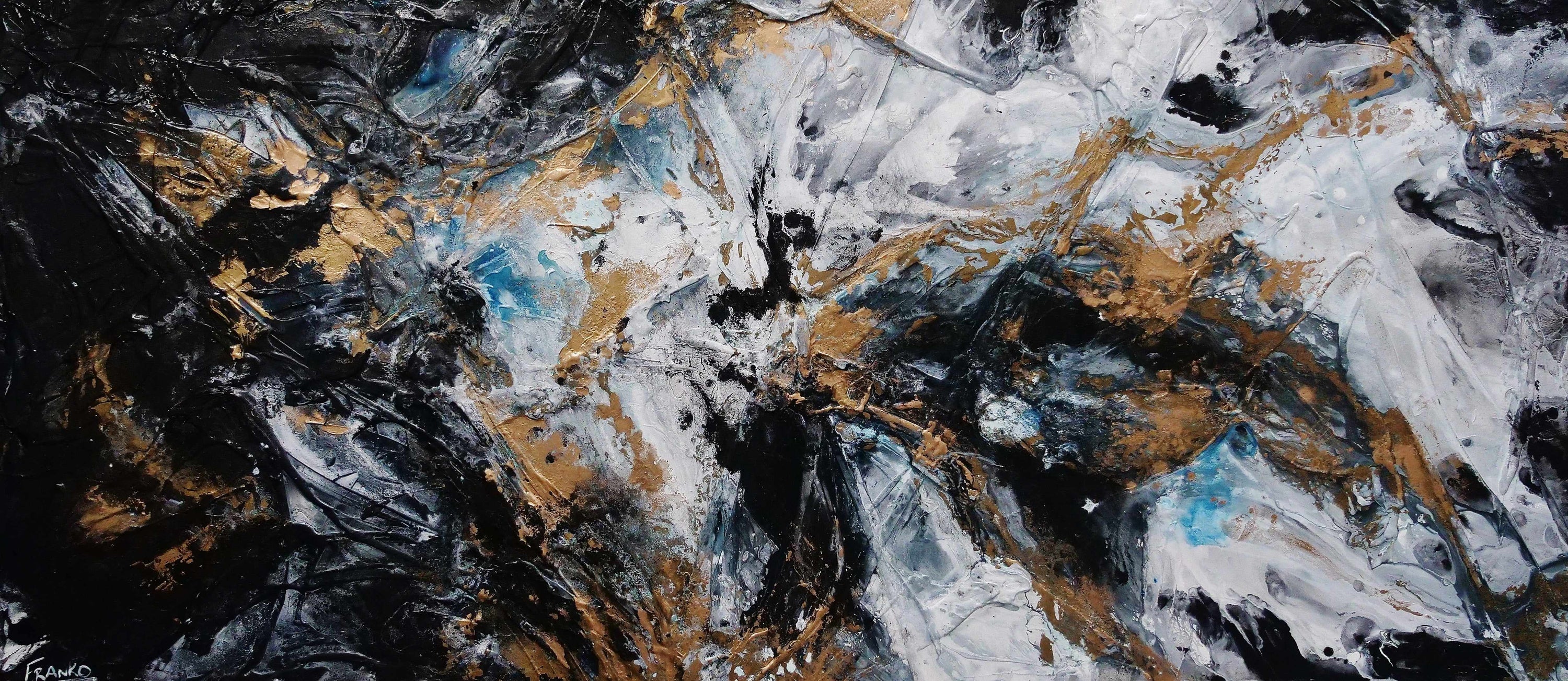Peppered Satin 270cm x 120cm Black Gold Grey Blue Textured Abstract Painting (SOLD)-Abstract-[Franko_Artist]-[Australian_artist]-[Gold_Coast]-[Brisbane]-[modern]-[contemporary]-[original]-[Large_artwork]-Franklin Art Studio