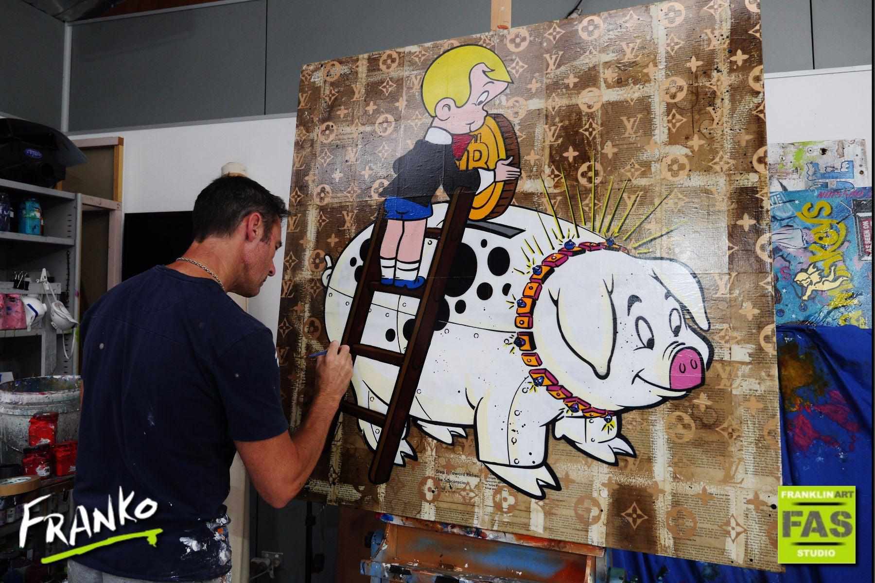 Piggie Bank 120cm x 120cm Piggie Bank Richie Rich Bitcoin (SOLD)-bitcoin themed-[Franko_Artist]-[The_Block]-[Dream_Homes]-[ideas]- [Grand_Designs]-Franklin Art Studio