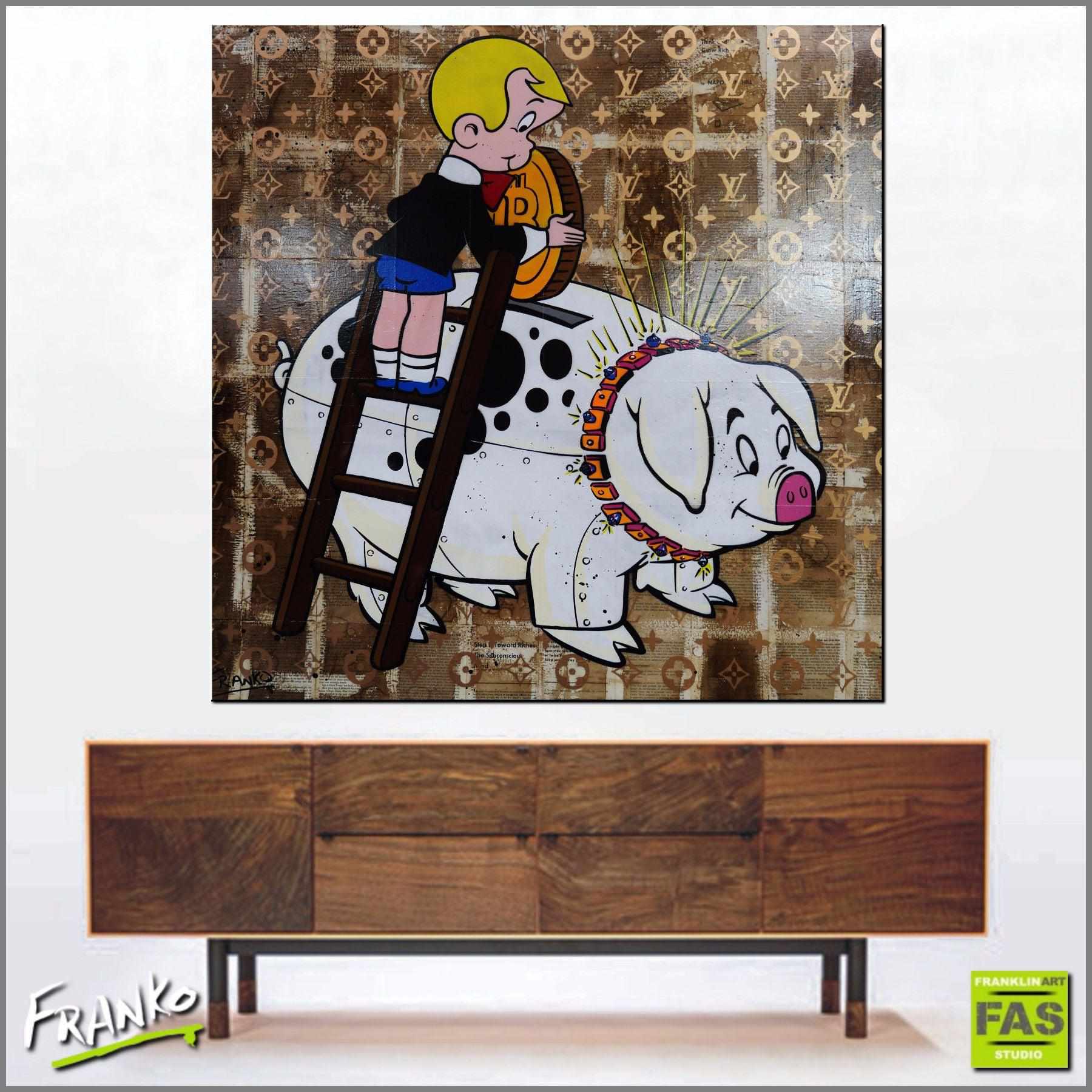 Piggie Bank 120cm x 120cm Piggie Bank Richie Rich Bitcoin (SOLD)-bitcoin themed-[Franko_Artist]-[Australian_artist]-[Gold_Coast]-[Brisbane]-[modern]-[contemporary]-[original]-[Large_artwork]-[The_Block]-[Dream_Homes]-[ideas]-[Grand_Designs]-[Art_Lover]-Franklin Art Studio