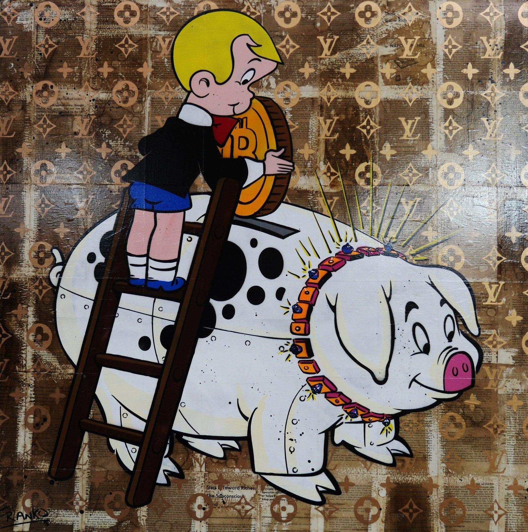 Piggie Bank 120cm x 120cm Piggie Bank Richie Rich Bitcoin (SOLD)-bitcoin themed-[Franko_Artist]-[Australian_artist]-[Gold_Coast]-[Brisbane]-[modern]-[contemporary]-[original]-[Large_artwork]-Franklin Art Studio