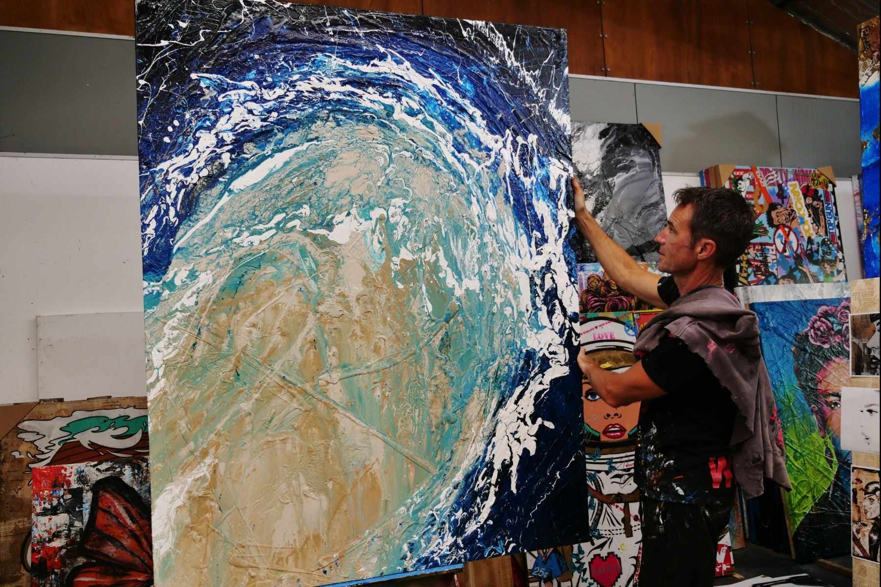 Point Break 140cm x 180cm Blue Cream Wave Textured Abstract Painting (SOLD)-Abstract-[Franko_Artist]-[The_Block]-[Dream_Homes]-[ideas]- [Grand_Designs]-Franklin Art Studio