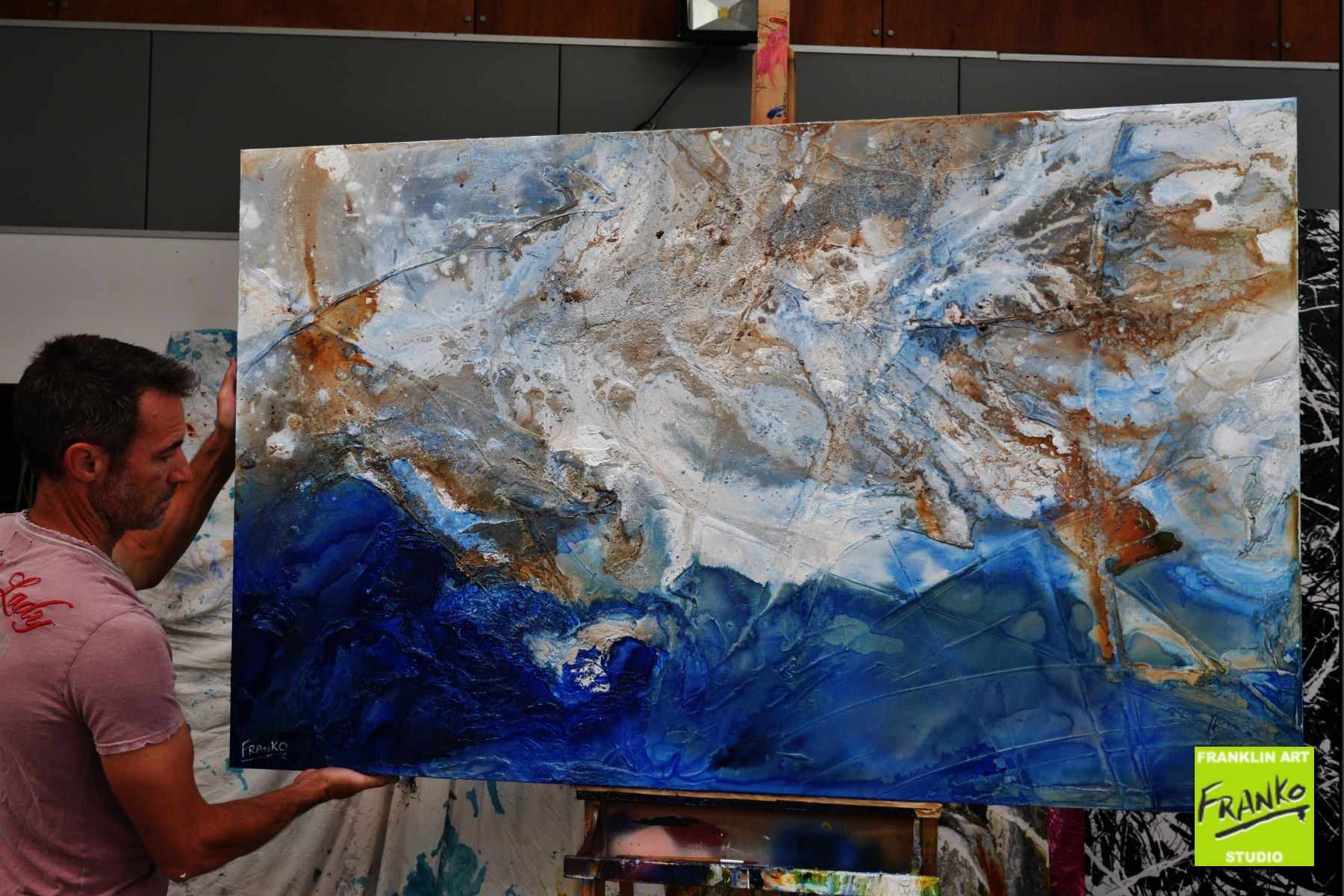 Pooling Blu 160cm x 100cm Cream Blue Textured Abstract Painting (SOLD)-Abstract-[Franko_Artist]-[The_Block]-[Dream_Homes]-[ideas]- [Grand_Designs]-Franklin Art Studio
