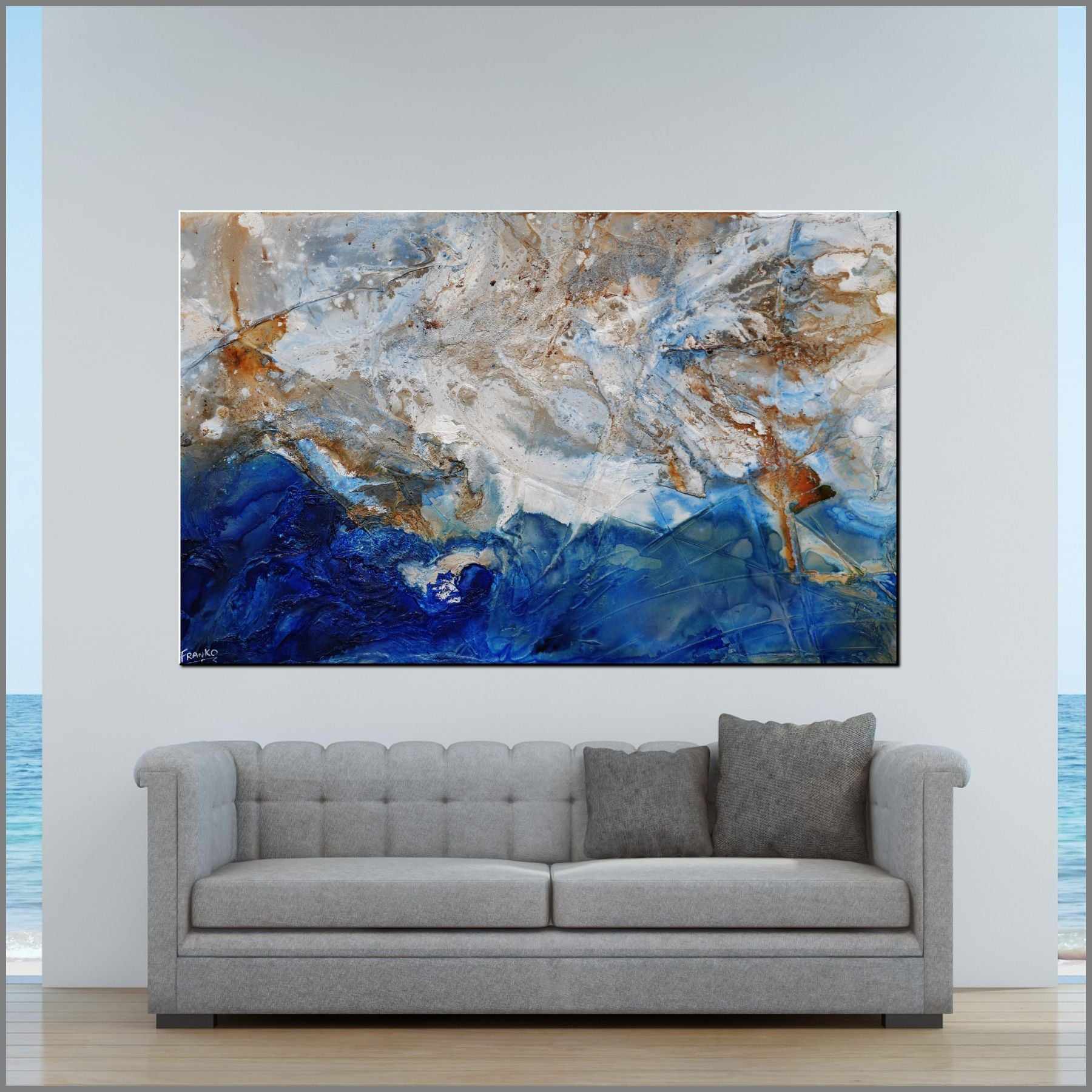 Pooling Blu 160cm x 100cm Cream Blue Textured Abstract Painting (SOLD)-Abstract-[Franko_Artist]-[Australian_artist]-[Gold_Coast]-[Brisbane]-[modern]-[contemporary]-[original]-[Large_artwork]-[The_Block]-[Dream_Homes]-[ideas]-[Grand_Designs]-[Art_Lover]-Franklin Art Studio