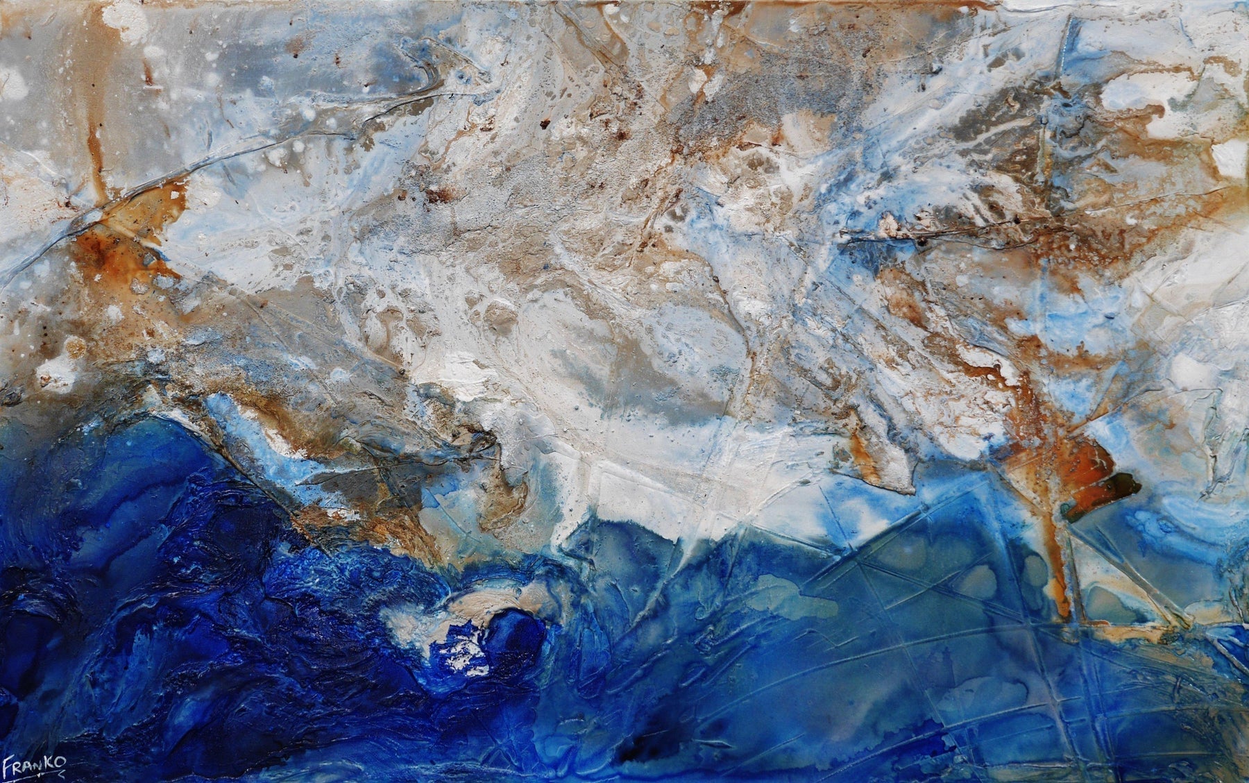 Pooling Blu 160cm x 100cm Cream Blue Textured Abstract Painting (SOLD)-Abstract-[Franko_Artist]-[Australian_artist]-[Gold_Coast]-[Brisbane]-[modern]-[contemporary]-[original]-[Large_artwork]-Franklin Art Studio