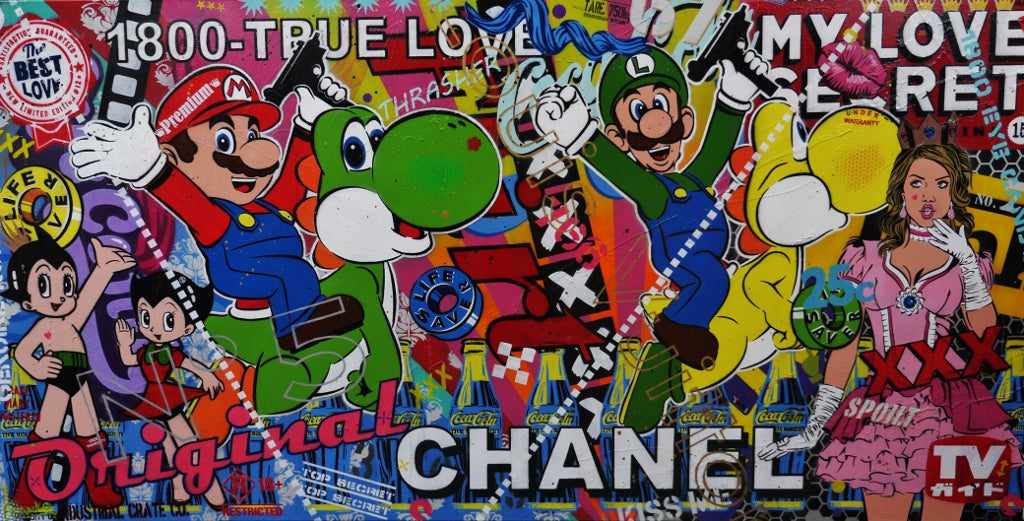 Princess Peach's Secret Love 240cm x 120cm Mario Luigi Yoshi Textured Urban Pop Art Painting-urban pop-[Franko_Artist]-[Australian_artist]-[Gold_Coast]-[Brisbane]-[modern]-[contemporary]-[original]-[Large_artwork]-Franklin Art Studio
