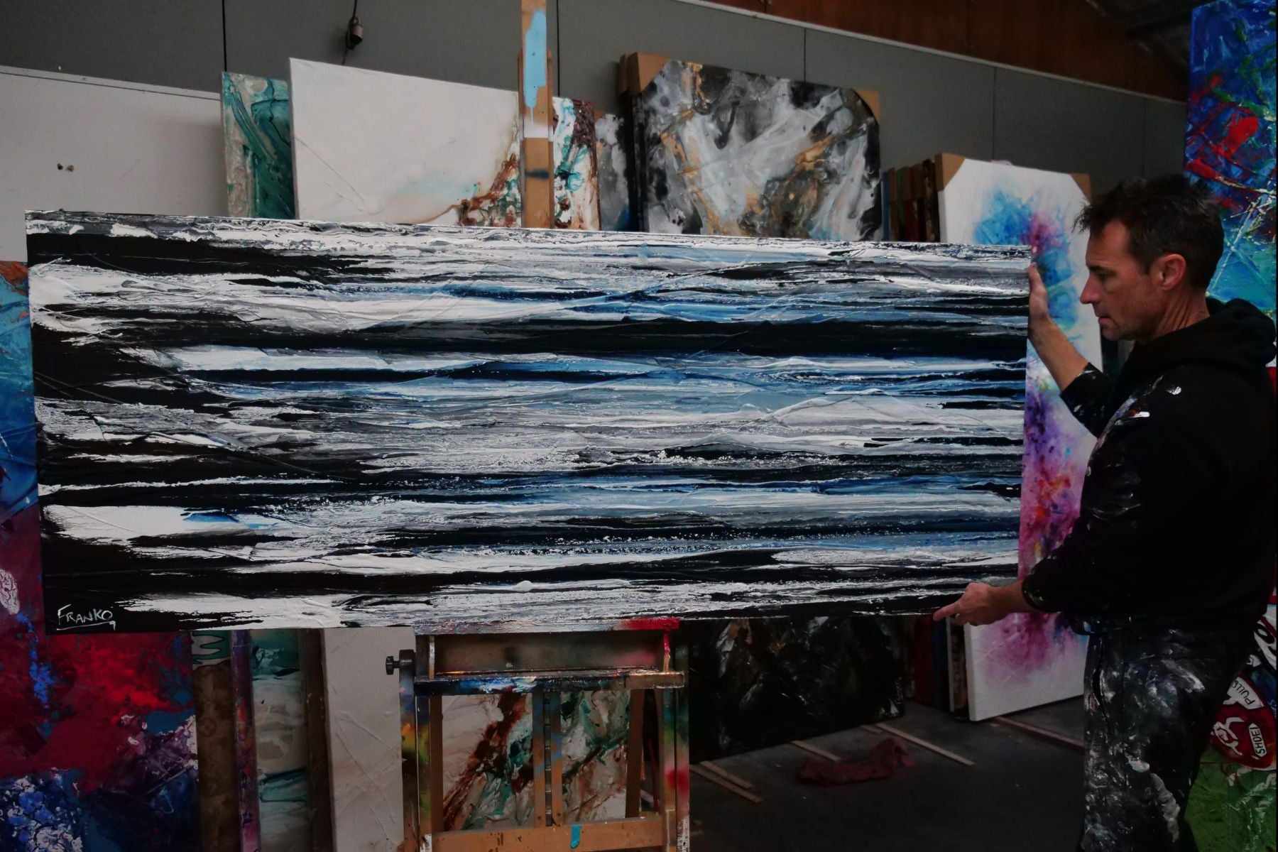 Prushed Arctic 200cm x 80cm Blue Black White Textured Abstract Painting (SOLD Rh)-Abstract-[Franko_Artist]-[The_Block]-[Dream_Homes]-[ideas]- [Grand_Designs]-Franklin Art Studio