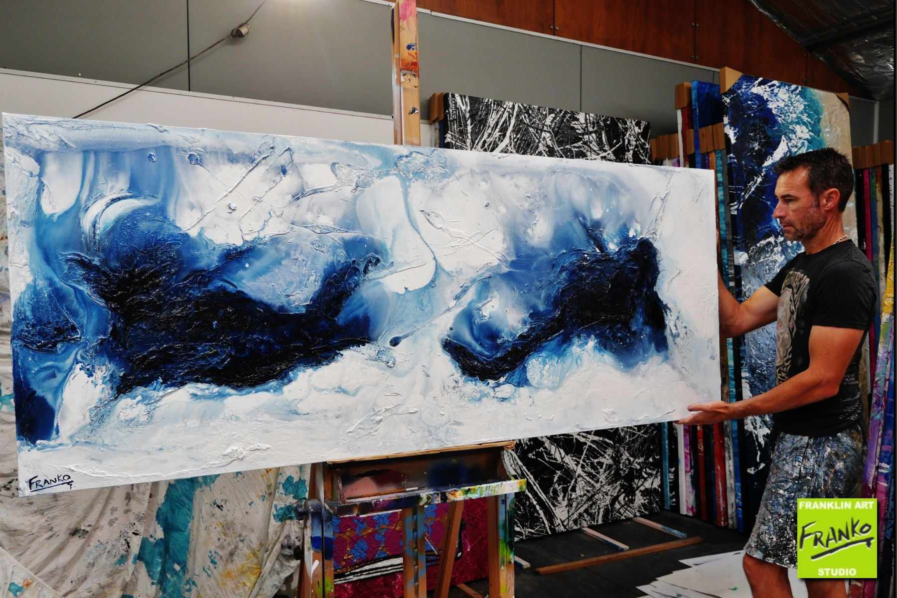 Prussian Blue 200cm x 80cm Blue White Textured Abstract Painting (SOLD)-Abstract-[Franko_Artist]-[The_Block]-[Dream_Homes]-[ideas]- [Grand_Designs]-Franklin Art Studio