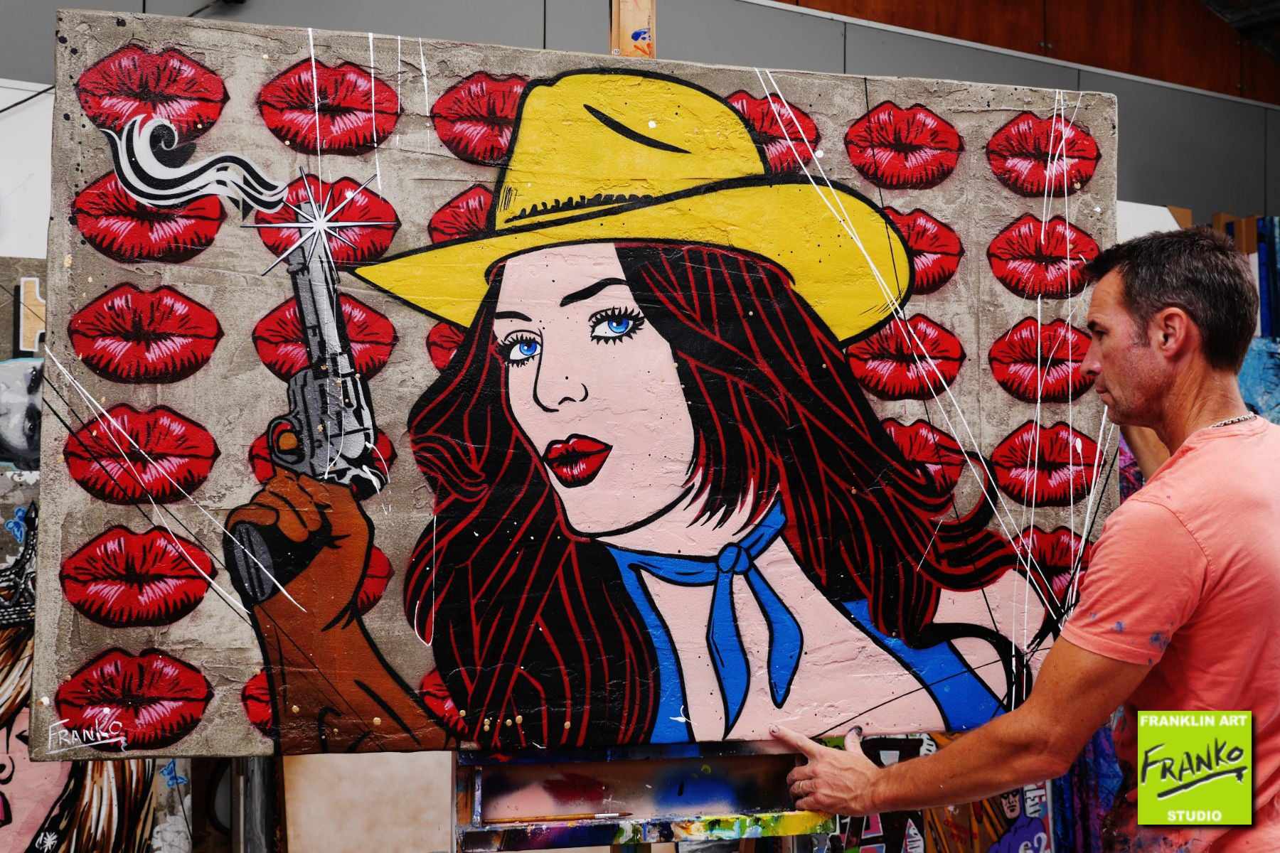 Pucker Up Baby 160cm x 100cm Cowgirl Textured Urban Pop Art Painting (SOLD)-concrete-[Franko_Artist]-[The_Block]-[Dream_Homes]-[ideas]- [Grand_Designs]-Franklin Art Studio
