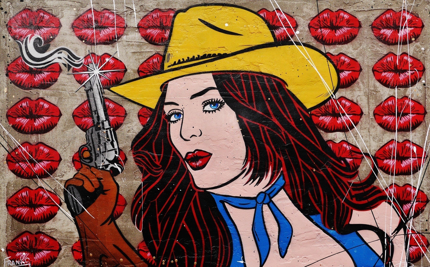 Pucker Up Baby 160cm x 100cm Cowgirl Textured Urban Pop Art Painting (SOLD)-concrete-[Franko_Artist]-[Australian_artist]-[Gold_Coast]-[Brisbane]-[modern]-[contemporary]-[original]-[Large_artwork]-Franklin Art Studio