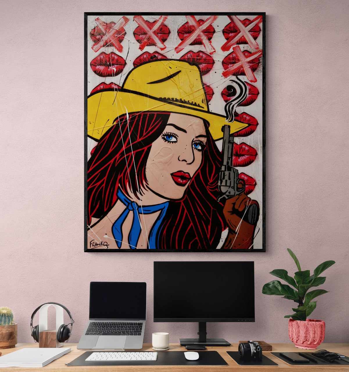Pucker Up Cowboy 75cm x 100cm Cowgirl Textured Urban Pop Art Painting-Urban Pop Art-[Franko_Artist]-[The_Block]-[Dream_Homes]-[ideas]- [Grand_Designs]-Franklin Art Studio