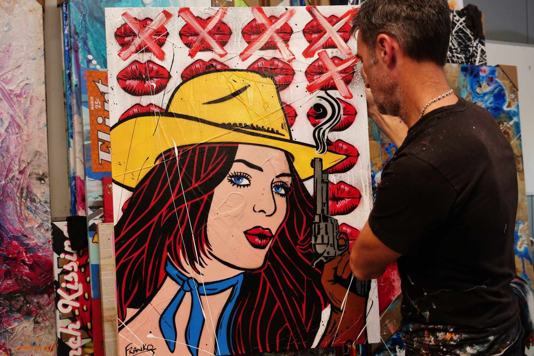 Pucker Up Cowboy 75cm x 100cm Cowgirl Textured Urban Pop Art Painting-Urban Pop Art-[Franko_Artist]-[The_Block]-[Dream_Homes]-[ideas]-[Grand_Designs]-[Art_Lover]-Franklin Art Studio