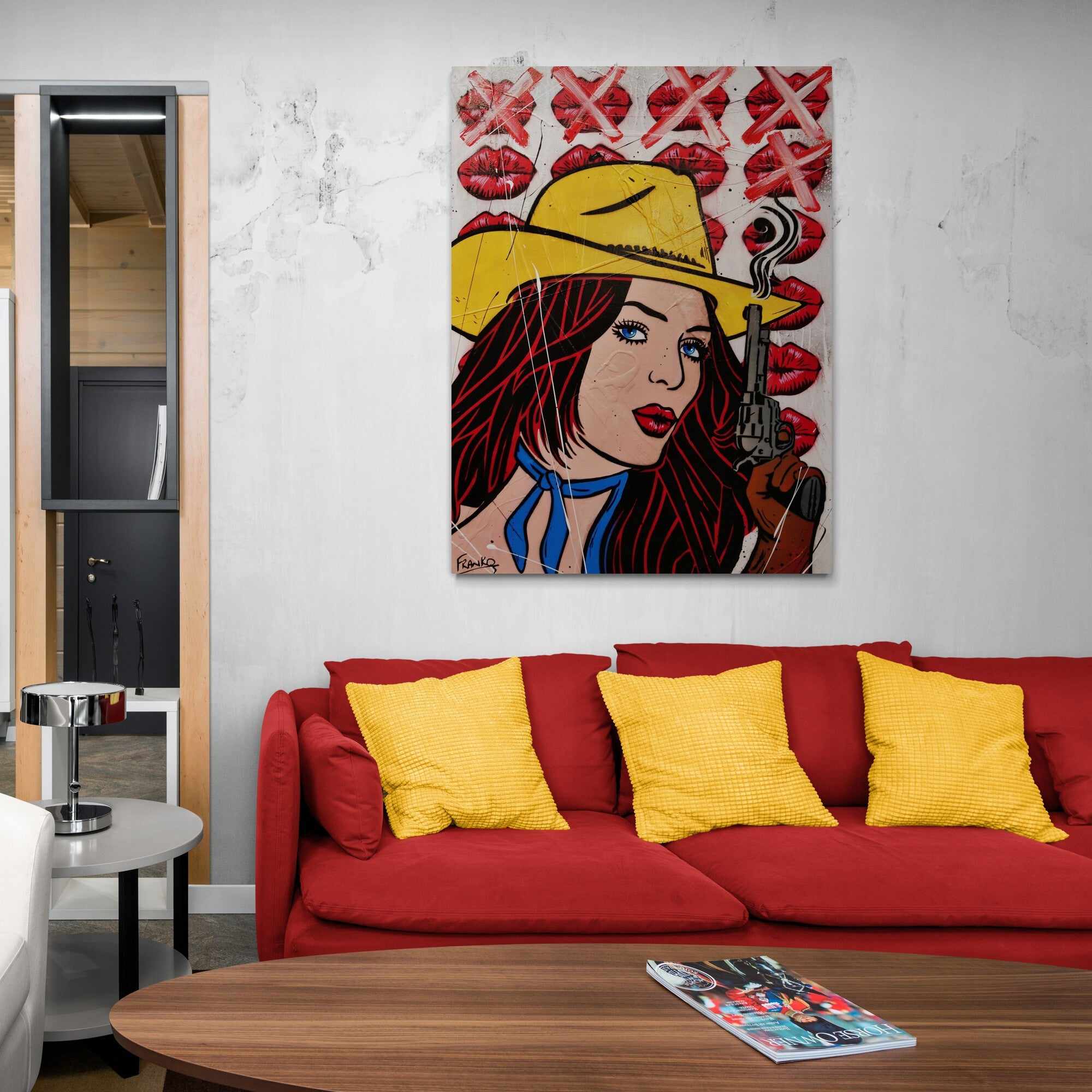 Pucker Up Cowboy 75cm x 100cm Cowgirl Textured Urban Pop Art Painting-Urban Pop Art-[Franko_Artist]-[Australian_artist]-[Gold_Coast]-[Brisbane]-[modern]-[contemporary]-[original]-[Large_artwork]-[The_Block]-[Dream_Homes]-[ideas]-[Grand_Designs]-[Art_Lover]-Franklin Art Studio