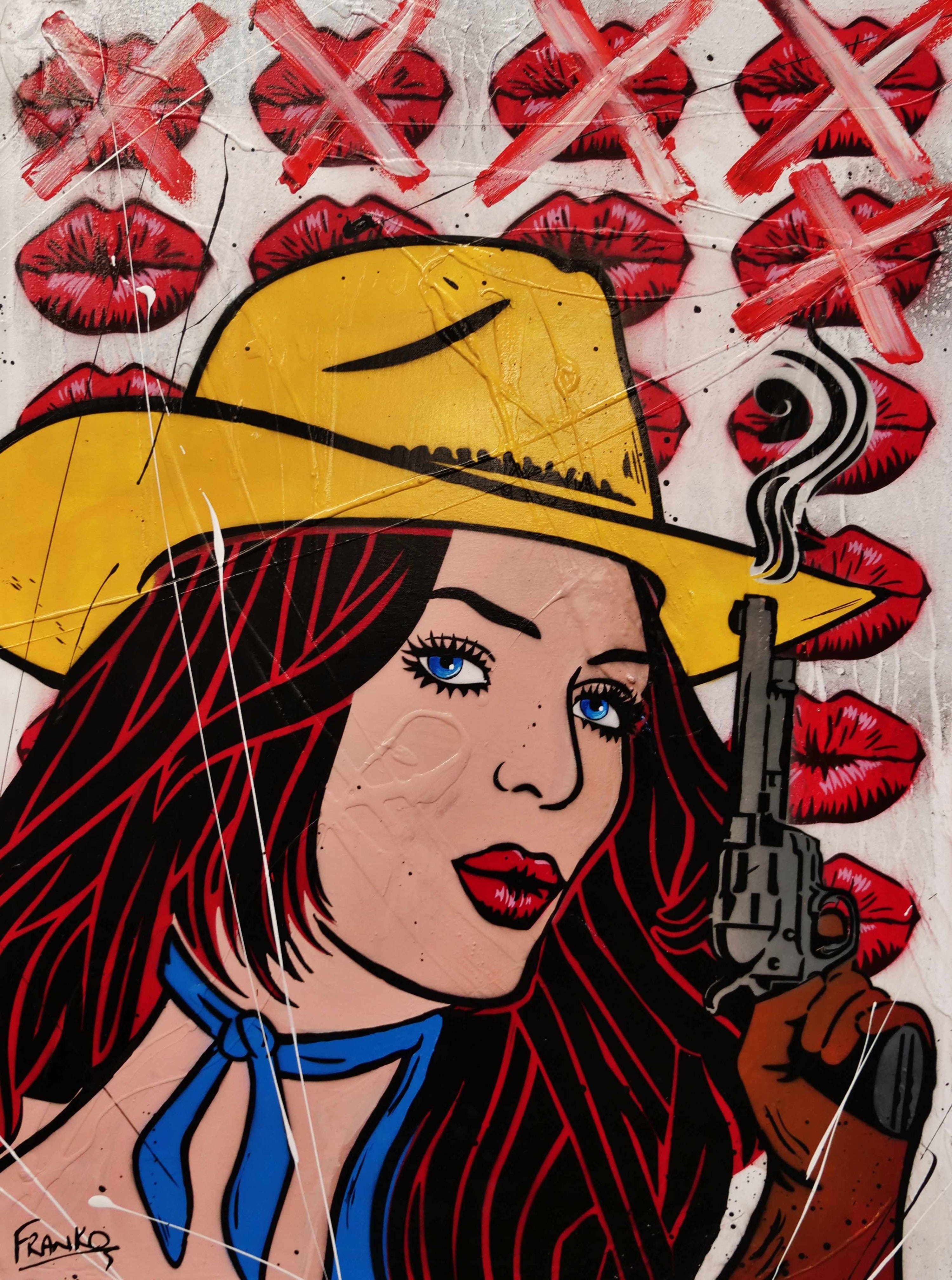 Pucker Up Cowboy 75cm x 100cm Cowgirl Textured Urban Pop Art Painting-Urban Pop Art-[Franko_Artist]-[Australian_artist]-[Gold_Coast]-[Brisbane]-[modern]-[contemporary]-[original]-[Large_artwork]-Franklin Art Studio
