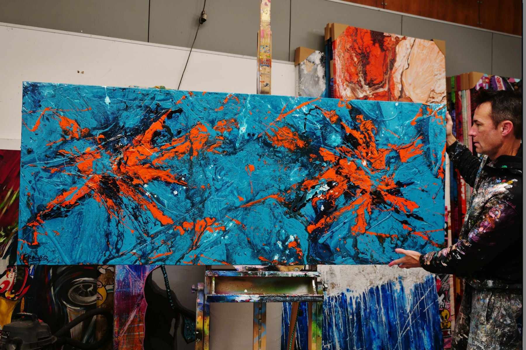 Pumpkin Orange Rush 200cm x 80cm Blue Orange Textured Abstract Painting (SOLD)-Abstract-[Franko_Artist]-[The_Block]-[Dream_Homes]-[ideas]- [Grand_Designs]-Franklin Art Studio