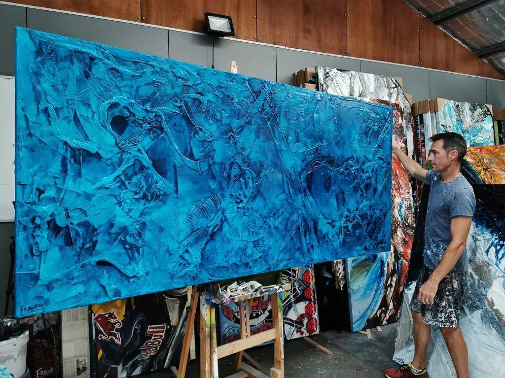 Pure Cobalt Ink 270cm x 120cm Blue Cobalt Ink Textured Abstract Painting (SOLD)-Abstract-[Franko_Artist]-[The_Block]-[Dream_Homes]-[ideas]- [Grand_Designs]-Franklin Art Studio
