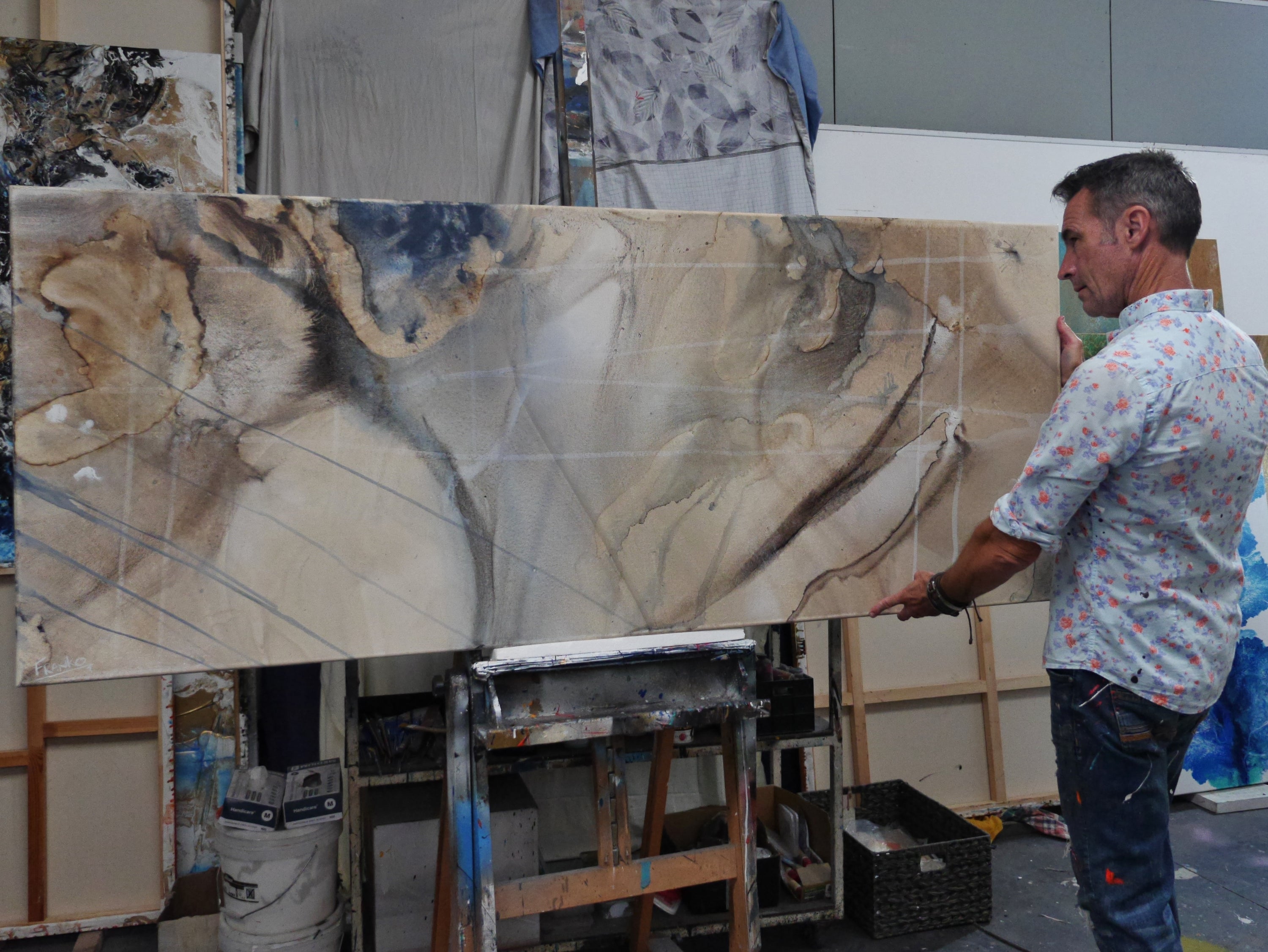 Refined 69 200cm x 80cm Cream Blue Rust White Grey Blended Abstract Painting Oak Frame (SOLD)-Abstract-[Franko_Artist]-[The_Block]-[Dream_Homes]-[ideas]- [Grand_Designs]-Franklin Art Studio