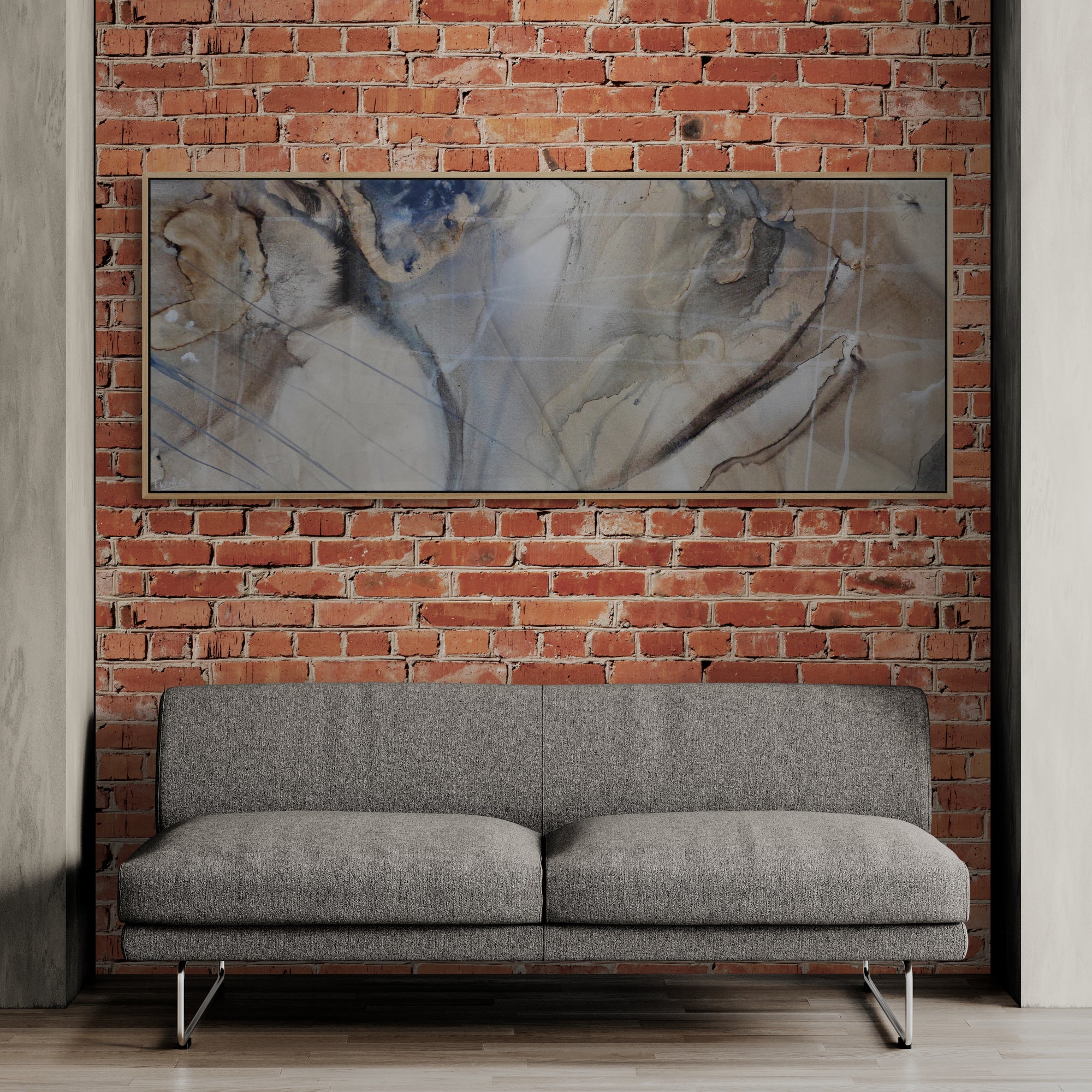 Refined 69 200cm x 80cm Cream Blue Rust White Grey Blended Abstract Painting Oak Frame (SOLD)-Abstract-[Franko_Artist]-[The_Block]-[Dream_Homes]-[ideas]-[Grand_Designs]-[Art_Lover]-Franklin Art Studio