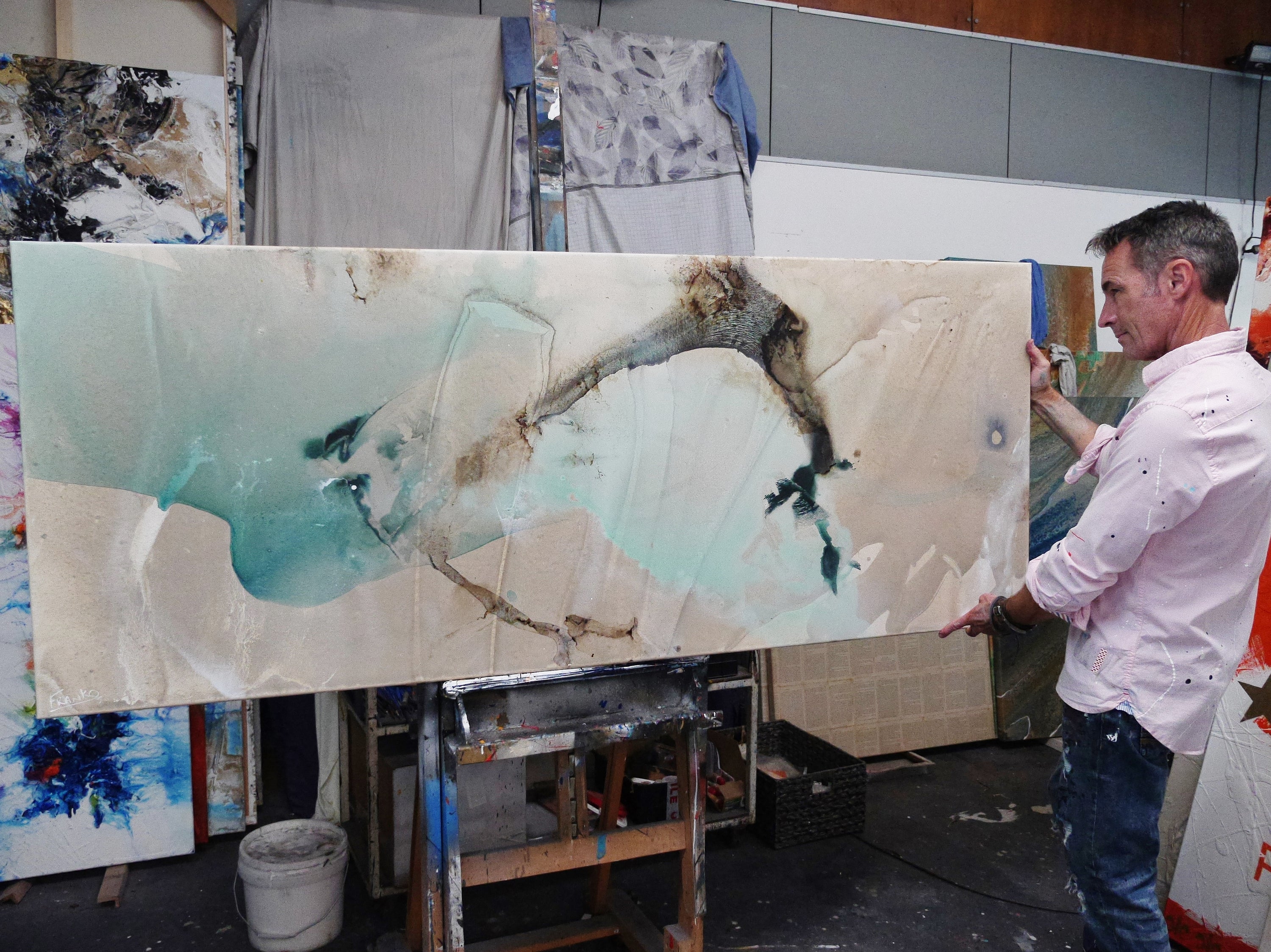 Refined 117 200cm x 80cm Cream Teal Rust White Grey Blended Abstract Painting (SOLD)-Abstract-[Franko_Artist]-[The_Block]-[Dream_Homes]-[ideas]- [Grand_Designs]-Franklin Art Studio