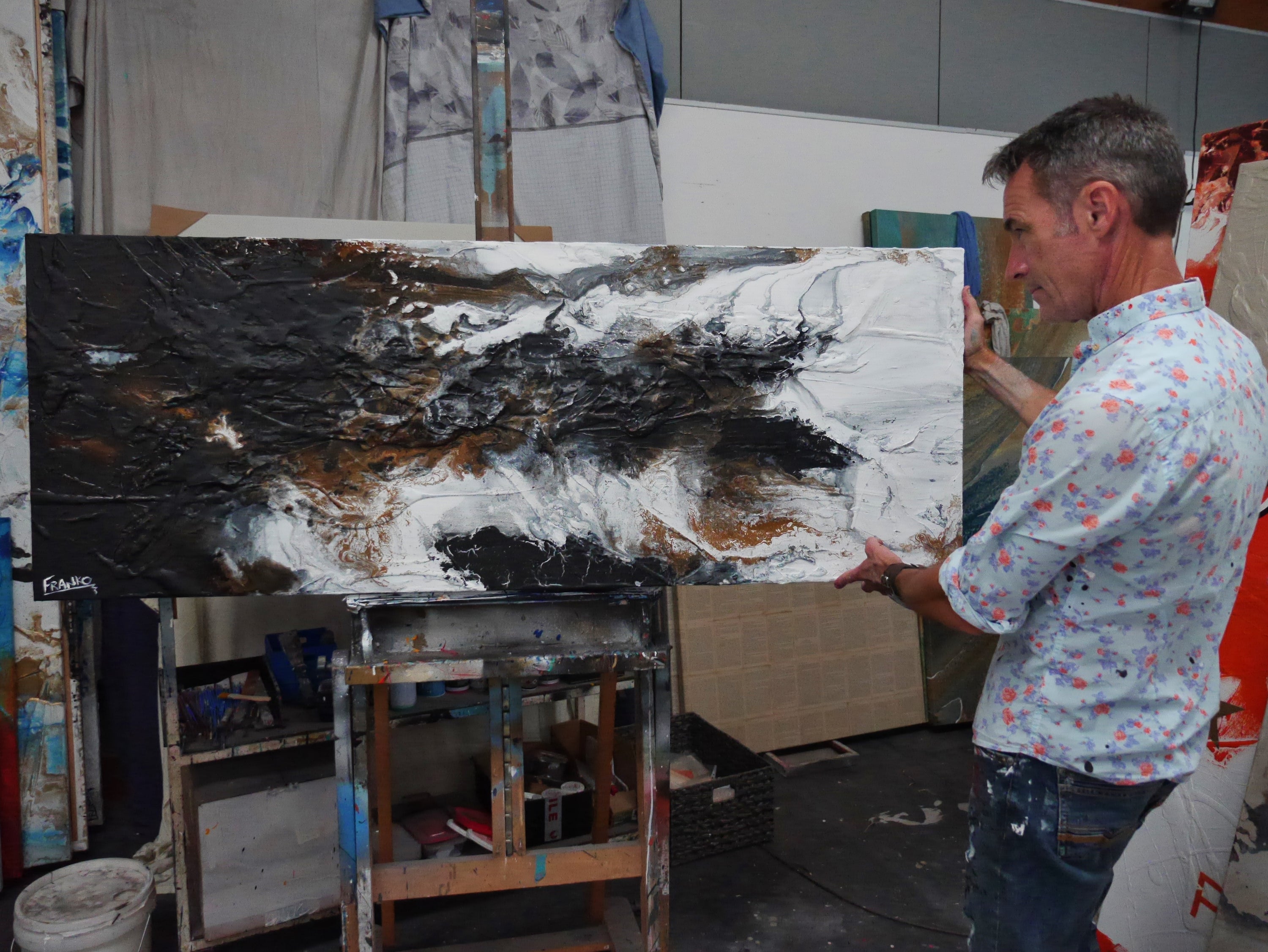 Rusting Black Ice 160cm x 60cm Rustic Textured Abstract Painting (SOLD)-Abstract-[Franko_Artist]-[The_Block]-[Dream_Homes]-[ideas]- [Grand_Designs]-Franklin Art Studio