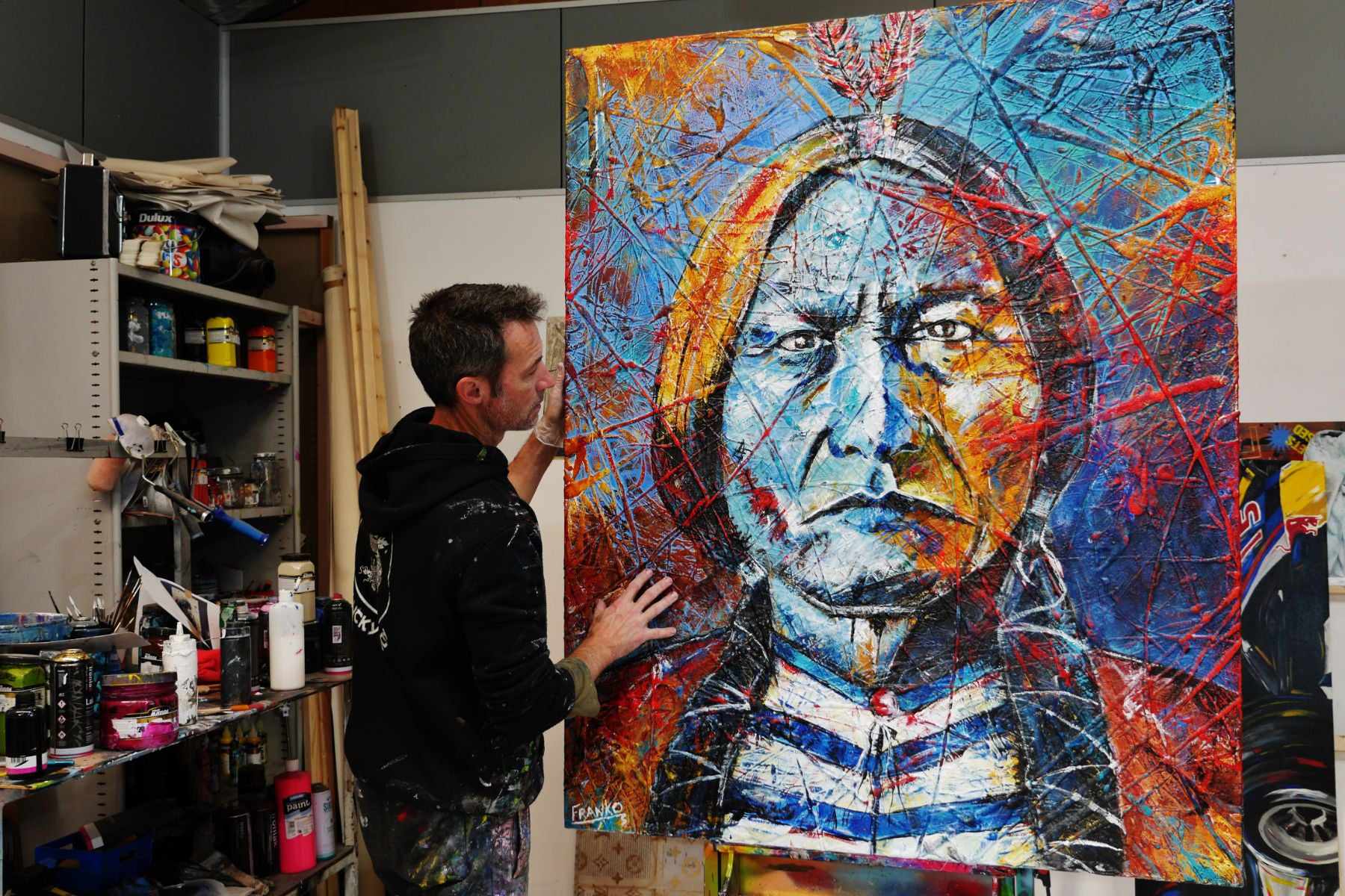 Raging Bull 120cm x 150cm Sitting Bull Indian Chief Abstract Realism Urban Pop Painting (SOLD)-people-[Franko_Artist]-[The_Block]-[Dream_Homes]-[ideas]-[Grand_Designs]-[Art_Lover]-Franklin Art Studio