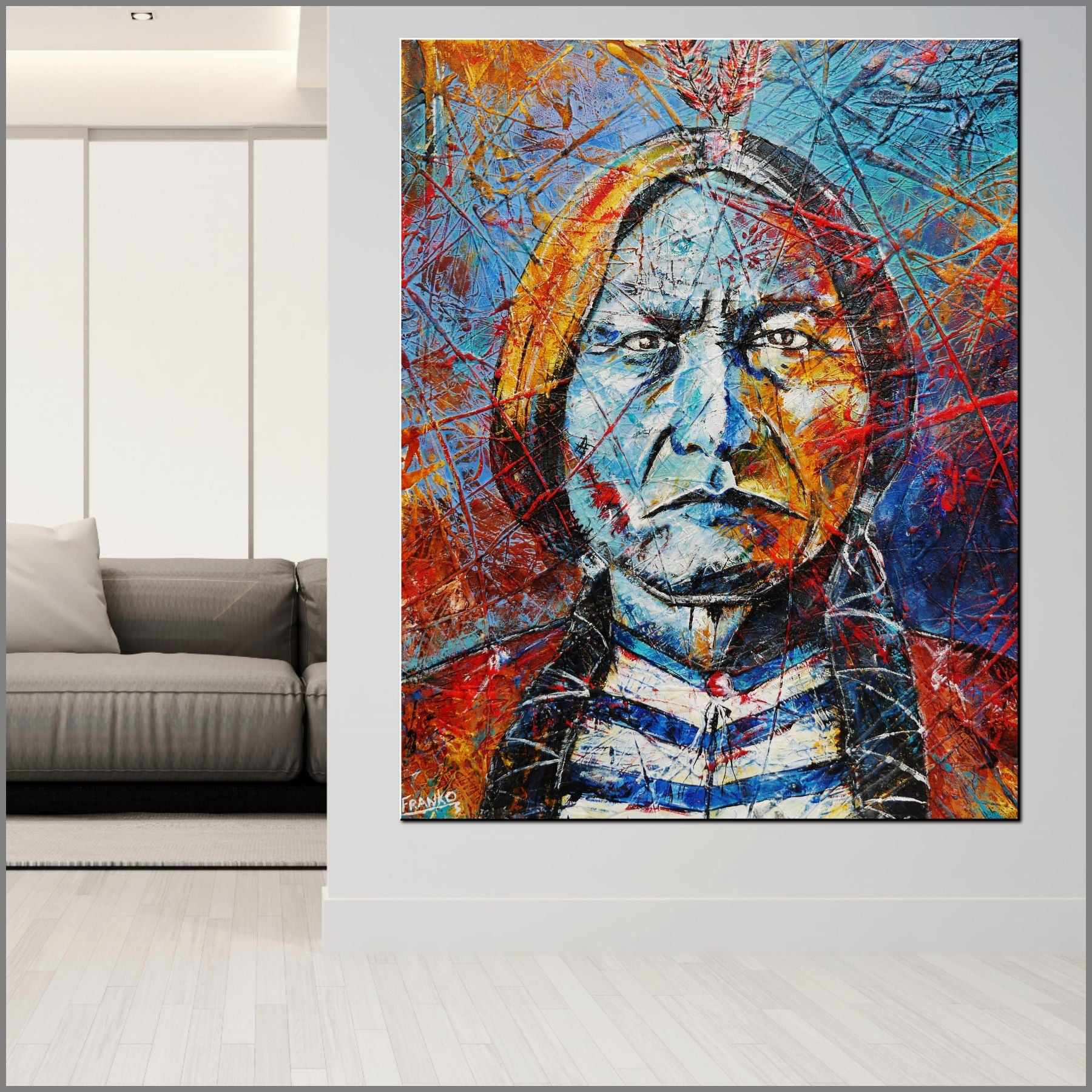 Raging Bull 120cm x 150cm Sitting Bull Indian Chief Abstract Realism Urban Pop Painting (SOLD)-people-[Franko_Artist]-[Australian_artist]-[Gold_Coast]-[Brisbane]-[modern]-[contemporary]-[original]-[Large_artwork]-[The_Block]-[Dream_Homes]-[ideas]-[Grand_Designs]-[Art_Lover]-Franklin Art Studio