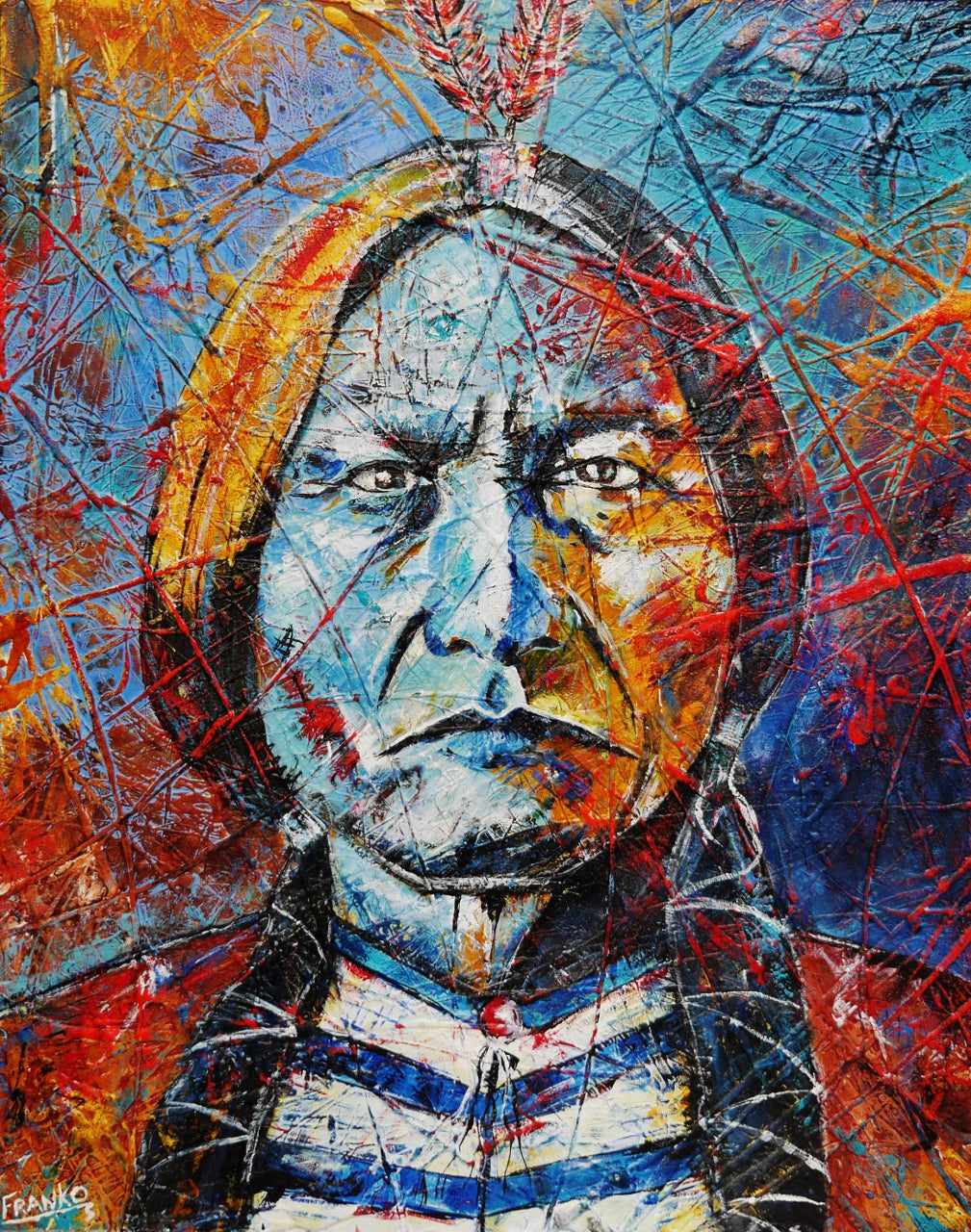 Raging Bull 120cm x 150cm Sitting Bull Indian Chief Abstract Realism Urban Pop Painting (SOLD)-people-[Franko_Artist]-[Australian_artist]-[Gold_Coast]-[Brisbane]-[modern]-[contemporary]-[original]-[Large_artwork]-Franklin Art Studio
