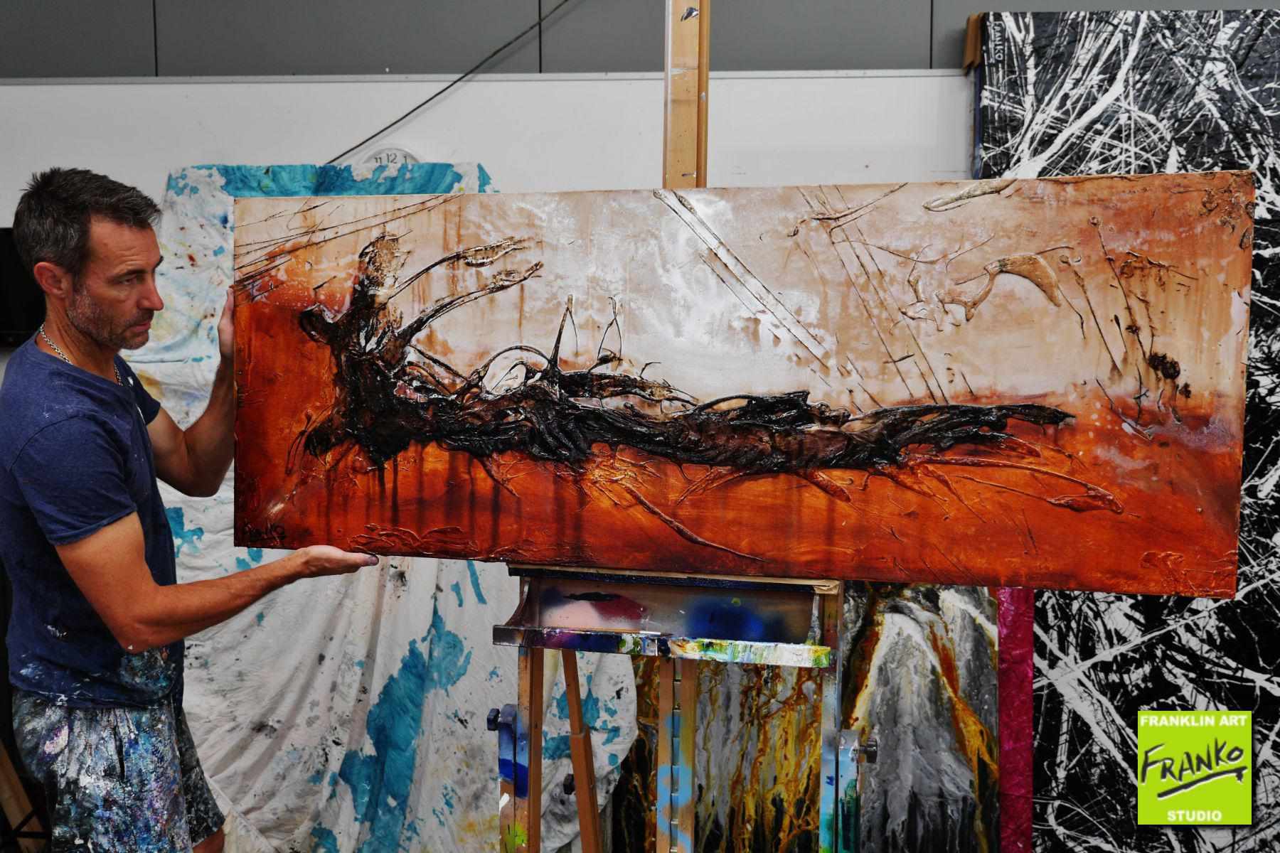 Raw 160cm x 60cm Black Brown Textured Abstract Painting (SOLD)-Abstract-[Franko_Artist]-[The_Block]-[Dream_Homes]-[ideas]- [Grand_Designs]-Franklin Art Studio