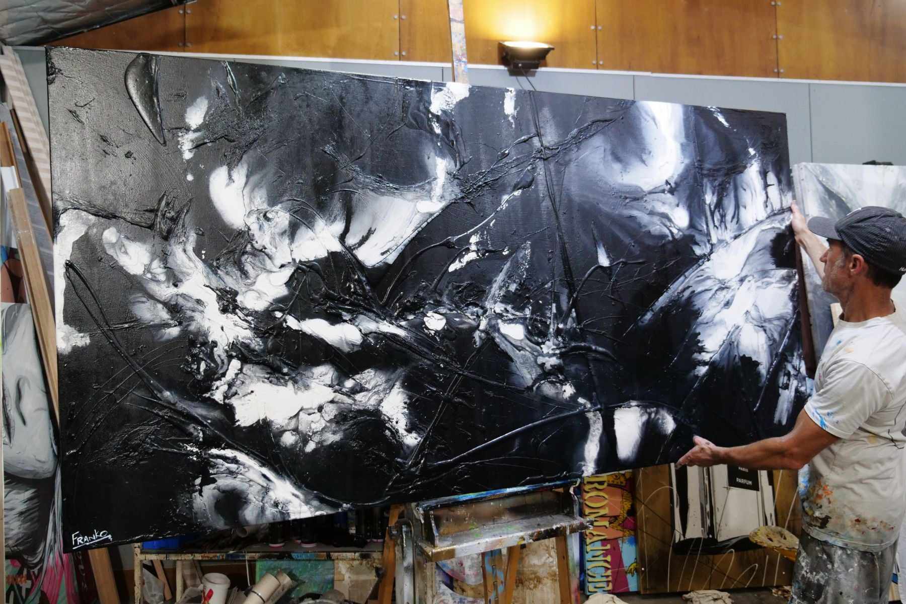 Raw Black Ice 240cm x 120cm Black White Textured Abstract Painting (SOLD)-Abstract-[Franko_Artist]-[The_Block]-[Dream_Homes]-[ideas]-[Grand_Designs]-[Art_Lover]-Franklin Art Studio