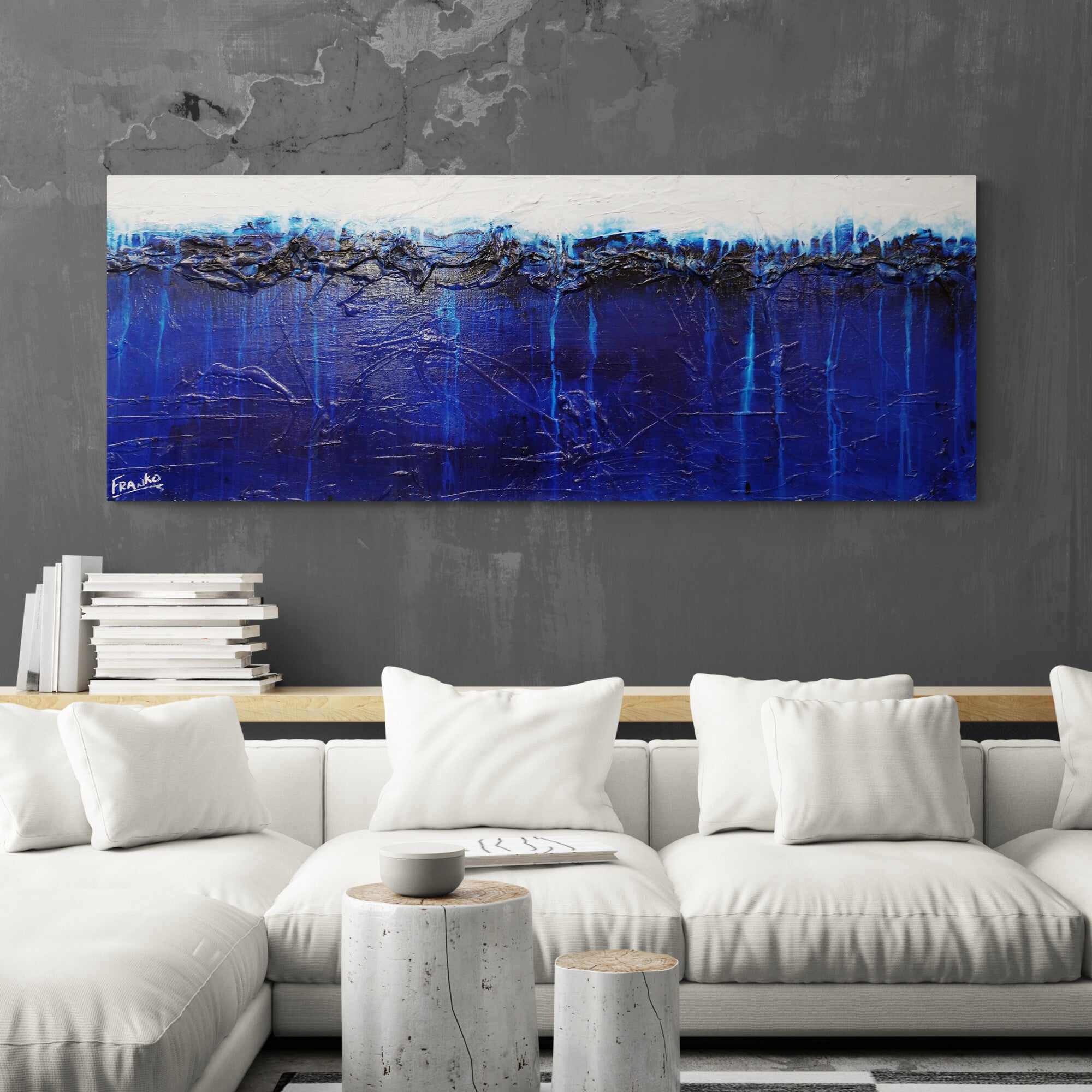 Raw Blue Jazz 160cm x 60cm Blue White Textured Abstract Painting (SOLD)-Abstract-[Franko_Artist]-[The_Block]-[Dream_Homes]-[ideas]-[Grand_Designs]-[Art_Lover]-Franklin Art Studio