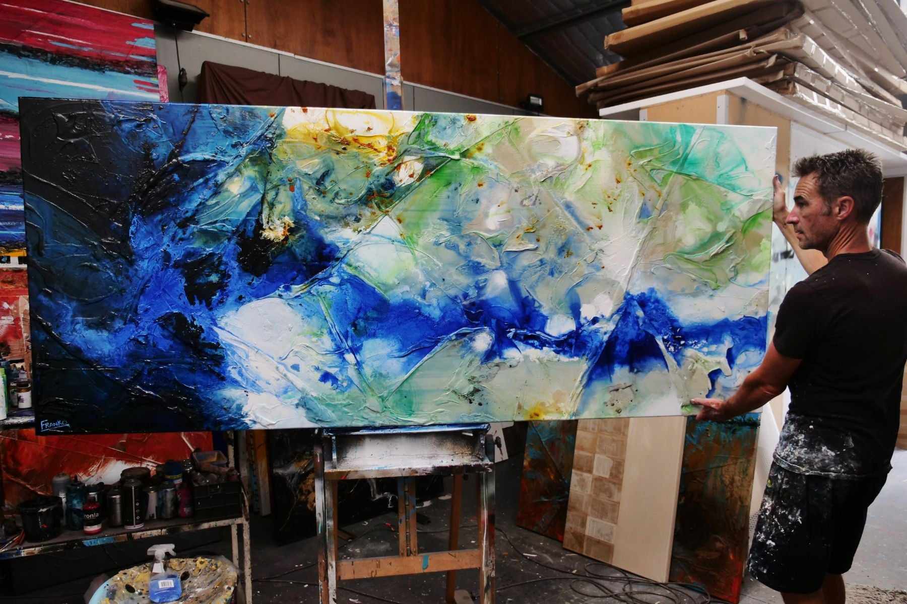 Raw Nature 240cm x 100cm Blue Grey Green Textured Abstract Painting (SOLD)-Abstract-[Franko_Artist]-[The_Block]-[Dream_Homes]-[ideas]- [Grand_Designs]-Franklin Art Studio