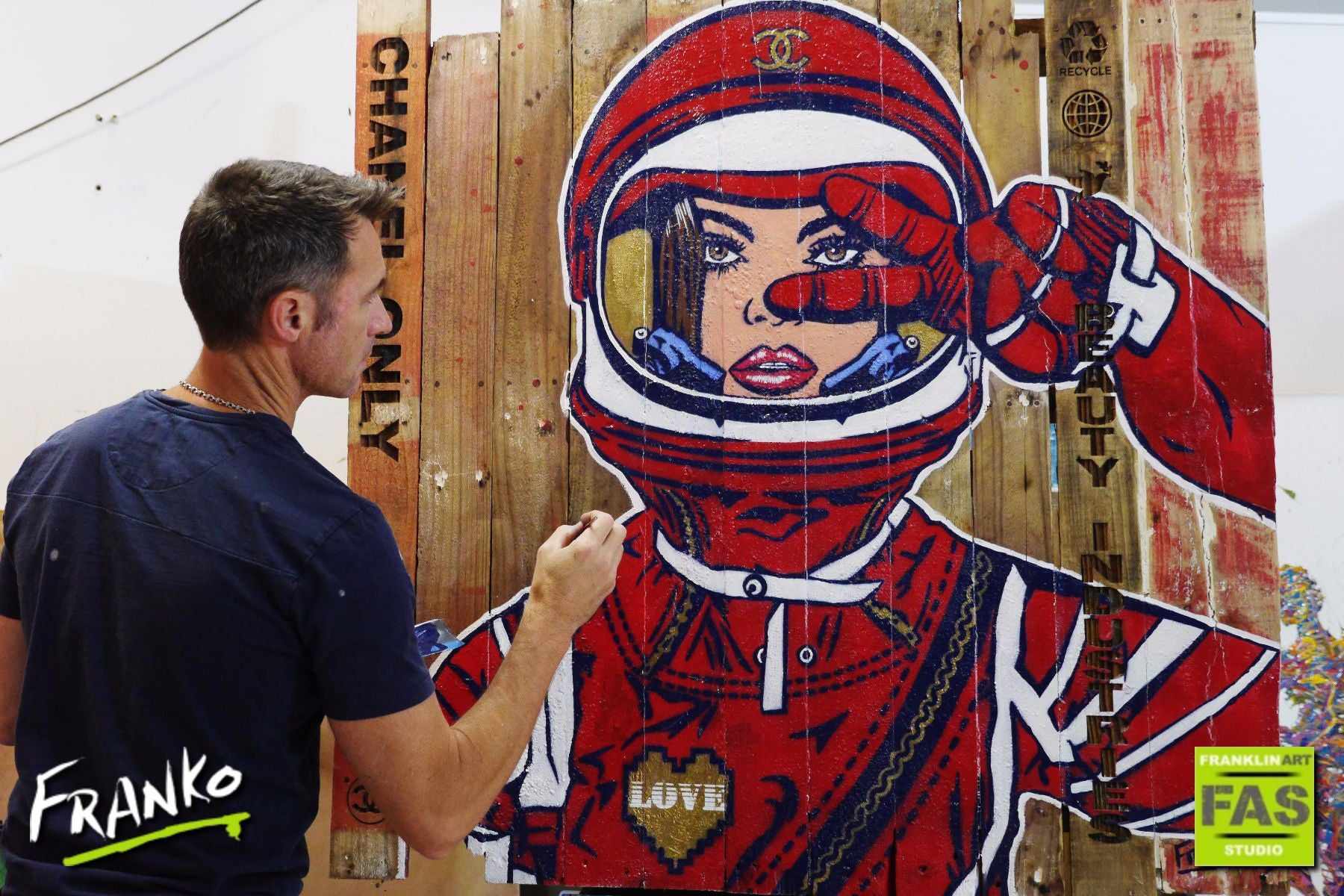 Red Cadet 117cm x 117cm Space Cadet #INDUSTRIAL STYLING ON A RECYCLED PALLET Pop Art Painting (SOLD)-urban pop-[Franko_Artist]-[The_Block]-[Dream_Homes]-[ideas]- [Grand_Designs]-Franklin Art Studio