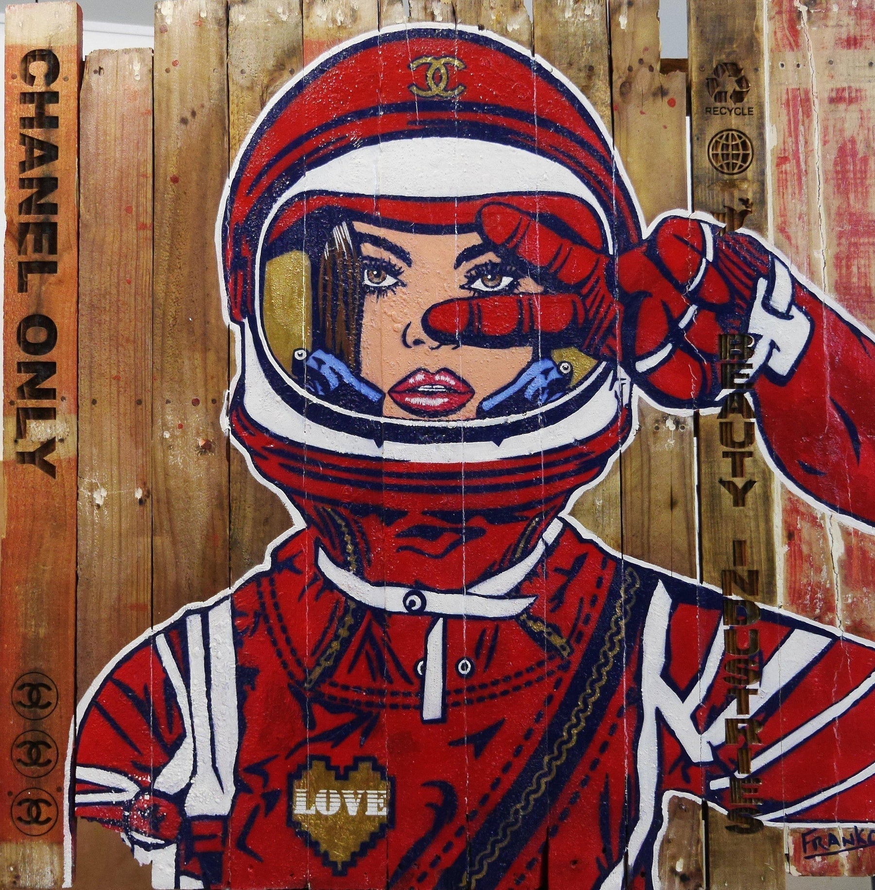 Red Cadet 117cm x 117cm Space Cadet #INDUSTRIAL STYLING ON A RECYCLED PALLET Pop Art Painting (SOLD)-urban pop-[Franko_Artist]-[Australian_artist]-[Gold_Coast]-[Brisbane]-[modern]-[contemporary]-[original]-[Large_artwork]-Franklin Art Studio