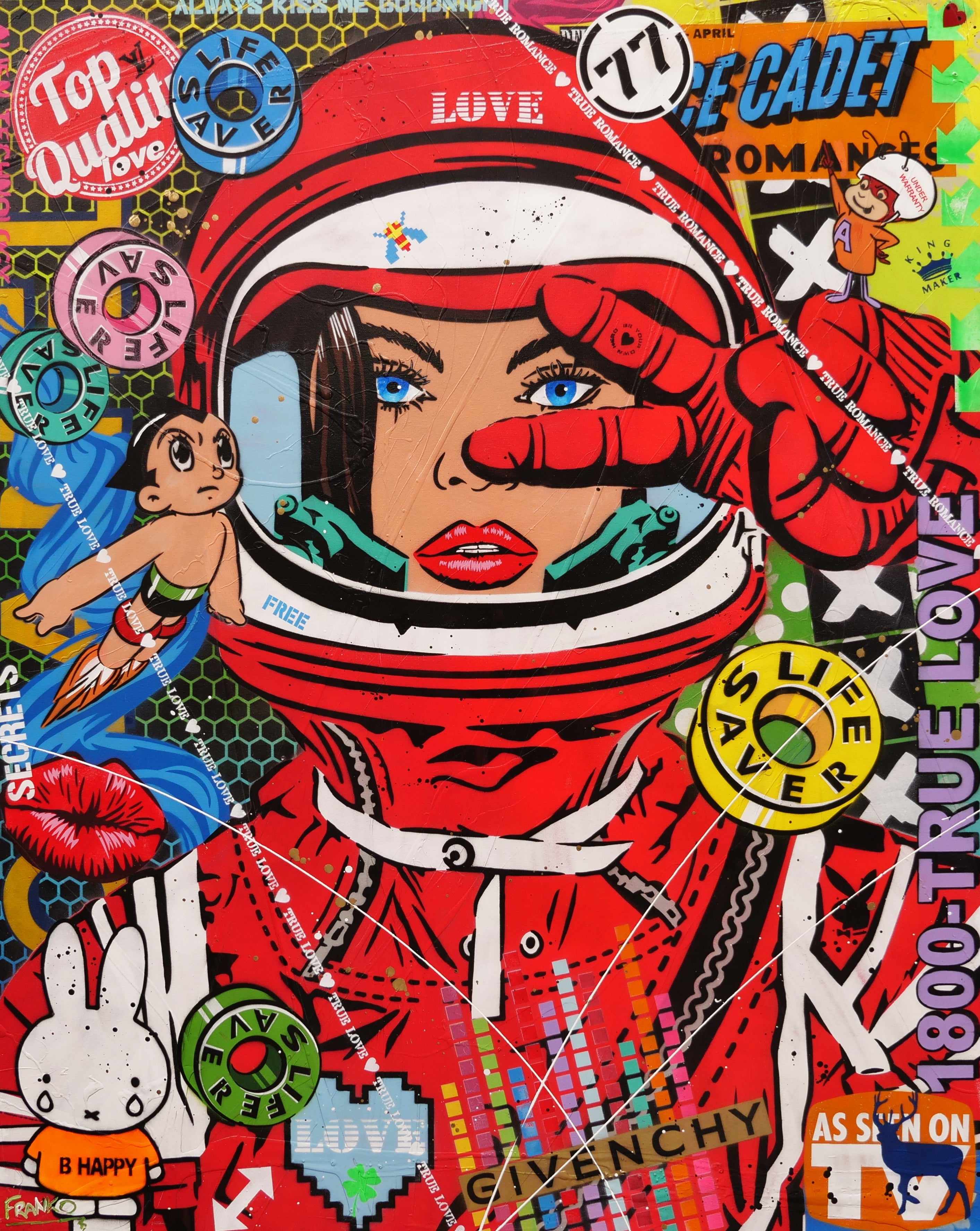Red Cadet Romances 120cm x 150cm Space Cadet Textured Urban Pop Art Painting (SOLD)-Urban Pop Art-[Franko_Artist]-[Australian_artist]-[Gold_Coast]-[Brisbane]-[modern]-[contemporary]-[original]-[Large_artwork]-Franklin Art Studio