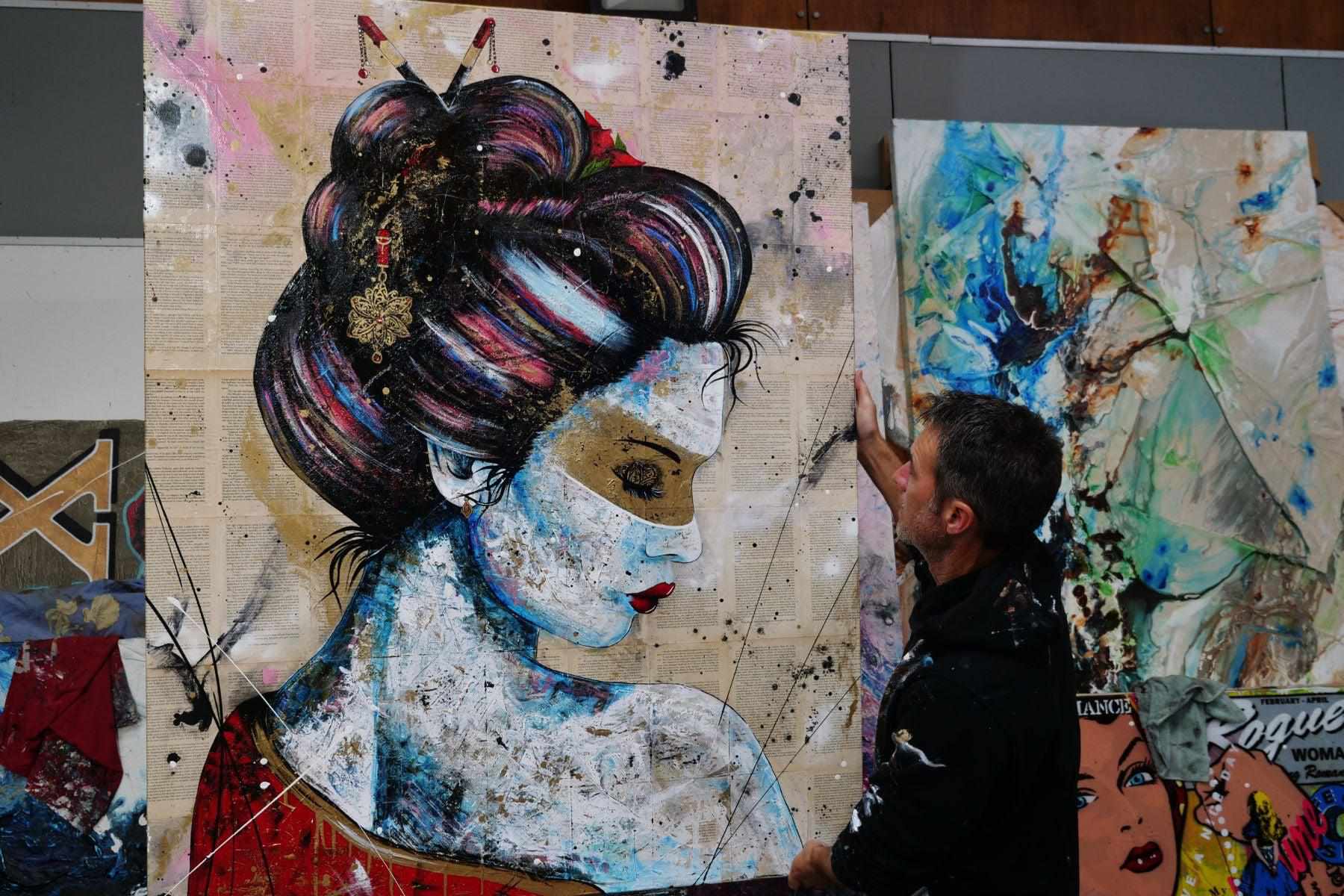 update alt-text with template Red Cherry Kimono Golden 120cm x 150cm Geisha Urban Pop Book Club Painting-book club-[Franko_Artist]-[The_Block]-[Dream_Homes]-[ideas]- [Grand_Designs]-Franklin Art Studio