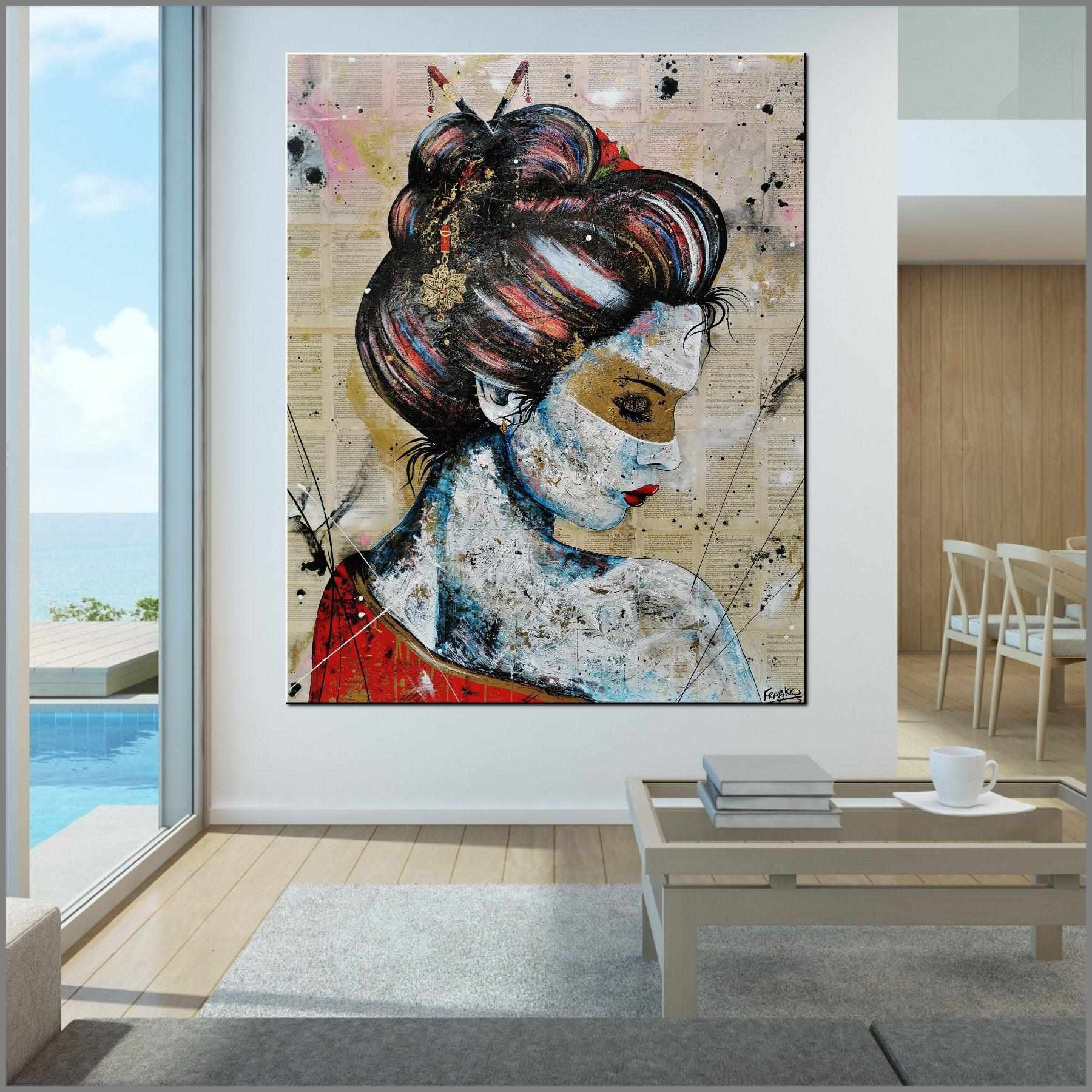 Red Cherry Kimono Golden 120cm x 150cm Geisha Urban Pop Book Club Painting-book club-[Franko_Artist]-[Australian_artist]-[Gold_Coast]-[Brisbane]-[modern]-[contemporary]-[original]-[Large_artwork]-[The_Block]-[Dream_Homes]-[ideas]-[Grand_Designs]-[Art_Lover]-Franklin Art Studio