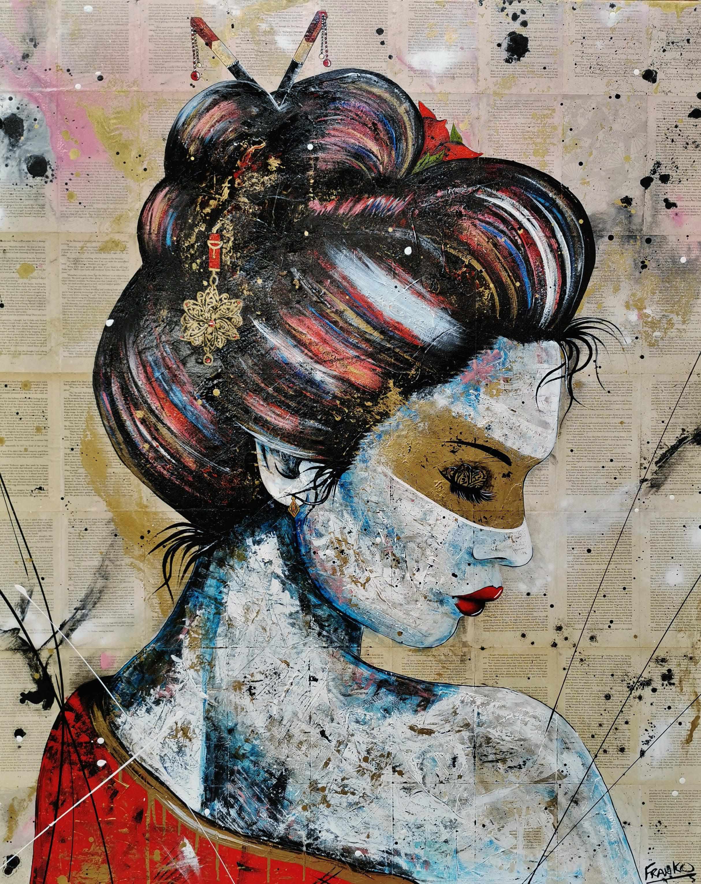Red Cherry Kimono Golden 120cm x 150cm Geisha Urban Pop Book Club Painting-book club-[Franko_Artist]-[Australian_artist]-[Gold_Coast]-[Brisbane]-[modern]-[contemporary]-[original]-[Large_artwork]-Franklin Art Studio