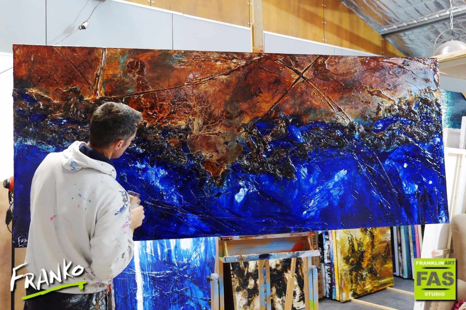 Red Earth Meets The Reef 240cm x 100cm Brown Blue Abstract Painting (SOLD)-abstract-[Franko_Artist]-[The_Block]-[Dream_Homes]-[ideas]- [Grand_Designs]-Franklin Art Studio