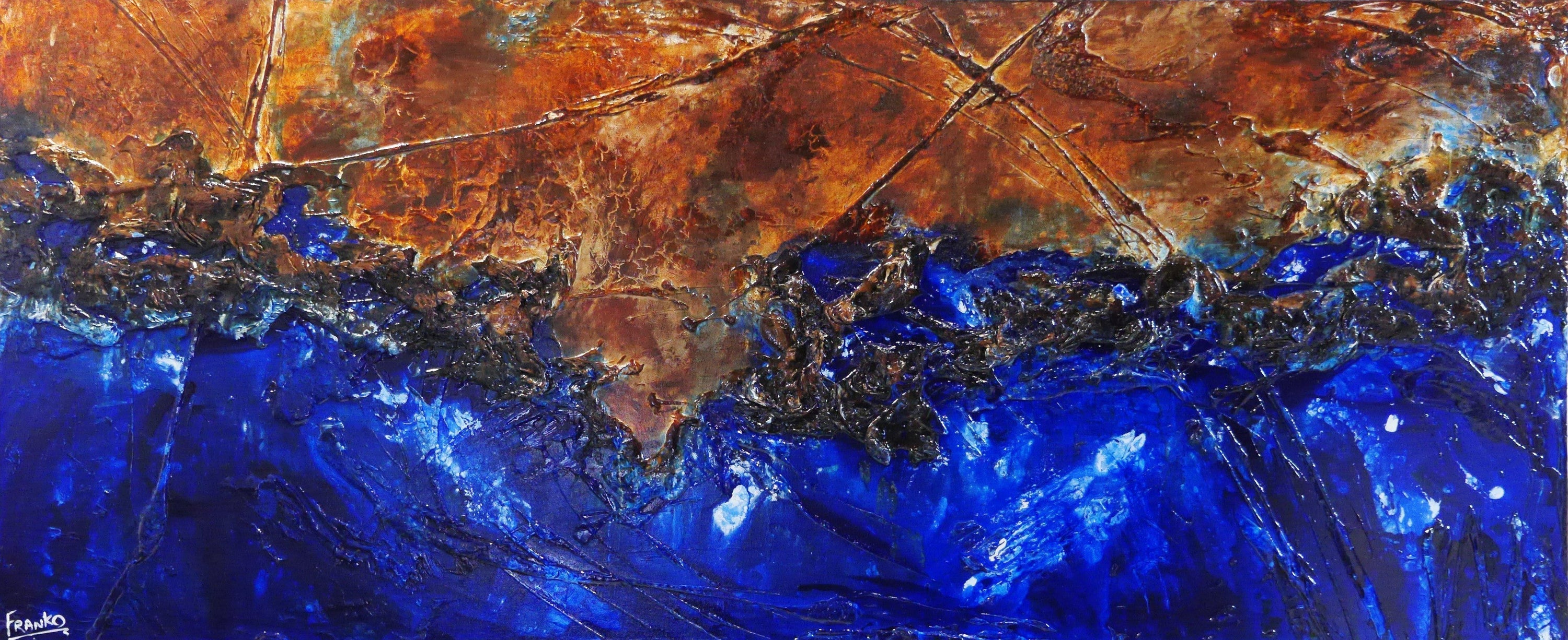 Red Earth Meets The Reef 240cm x 100cm Brown Blue Abstract Painting (SOLD)-abstract-[Franko_Artist]-[Australian_artist]-[Gold_Coast]-[Brisbane]-[modern]-[contemporary]-[original]-[Large_artwork]-Franklin Art Studio
