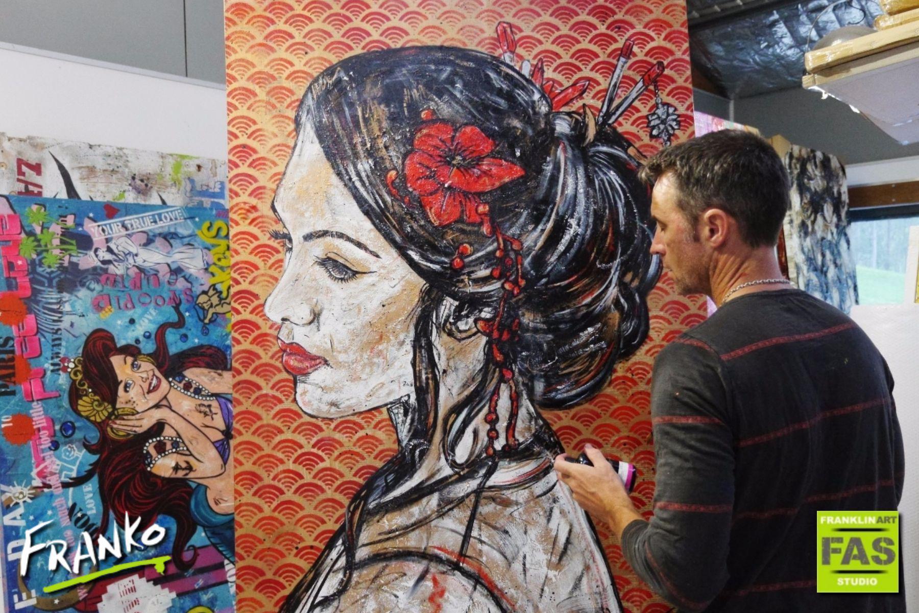 Red Geisha 140cm x 100cm Geisha Vintage Book Pop art Painting (SOLD)-abstract realism-[Franko_Artist]-[The_Block]-[Dream_Homes]-[ideas]- [Grand_Designs]-Franklin Art Studio