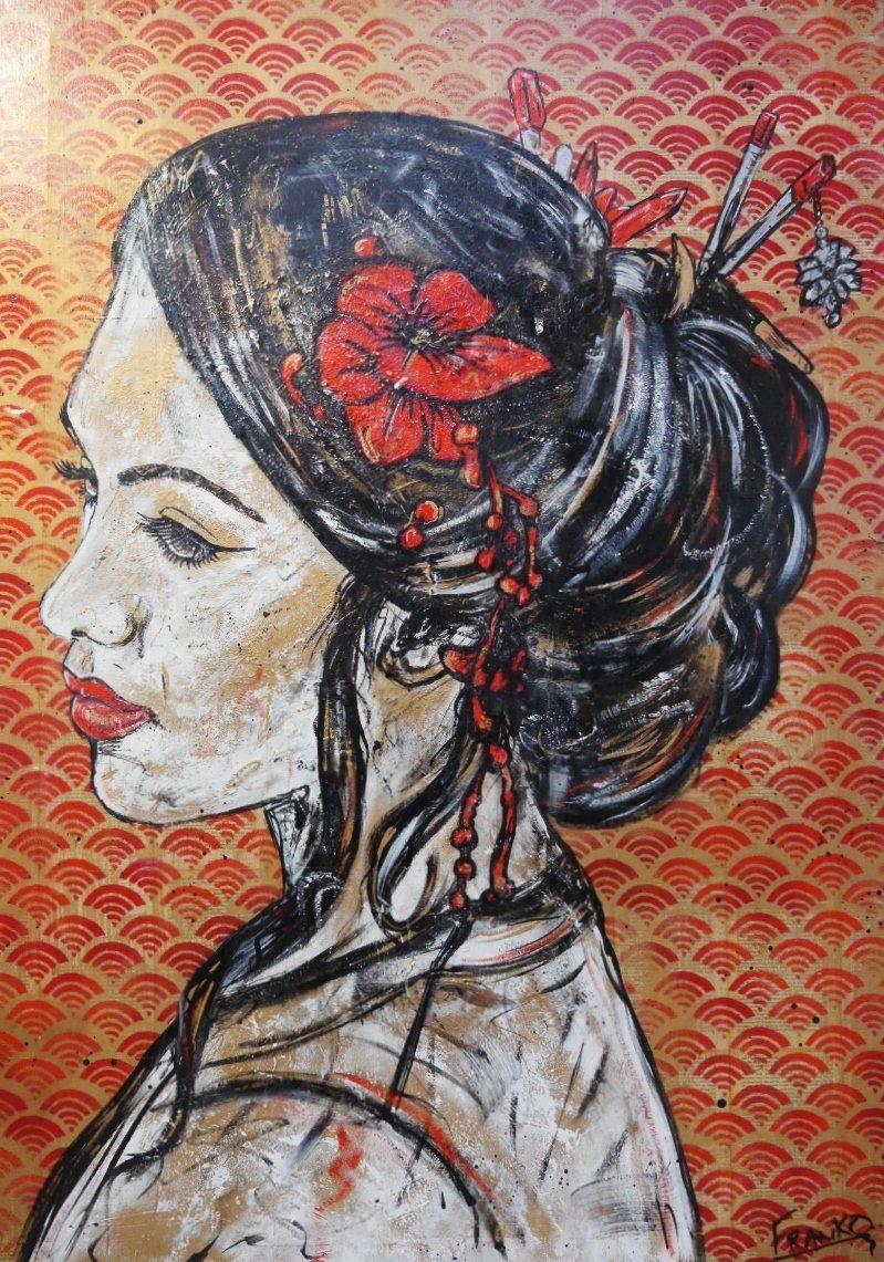 Red Geisha 140cm x 100cm Geisha Vintage Book Pop art Painting (SOLD)-abstract realism-[Franko_Artist]-[Australian_artist]-[Gold_Coast]-[Brisbane]-[modern]-[contemporary]-[original]-[Large_artwork]-Franklin Art Studio