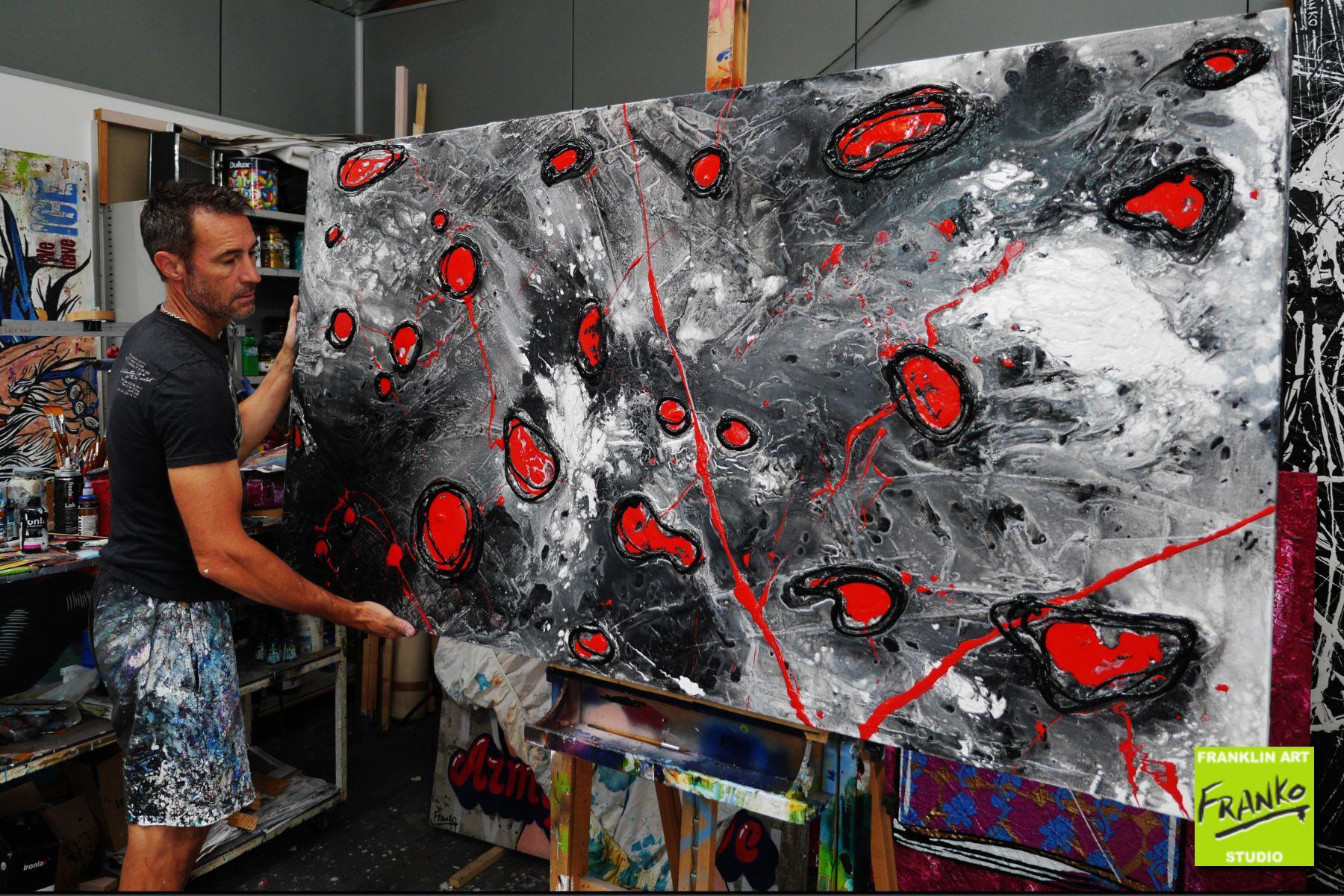 Red Pools 190cm x 100cm Grey Red Textured Abstract Painting (SOLD)-Abstract-[Franko_Artist]-[The_Block]-[Dream_Homes]-[ideas]- [Grand_Designs]-Franklin Art Studio
